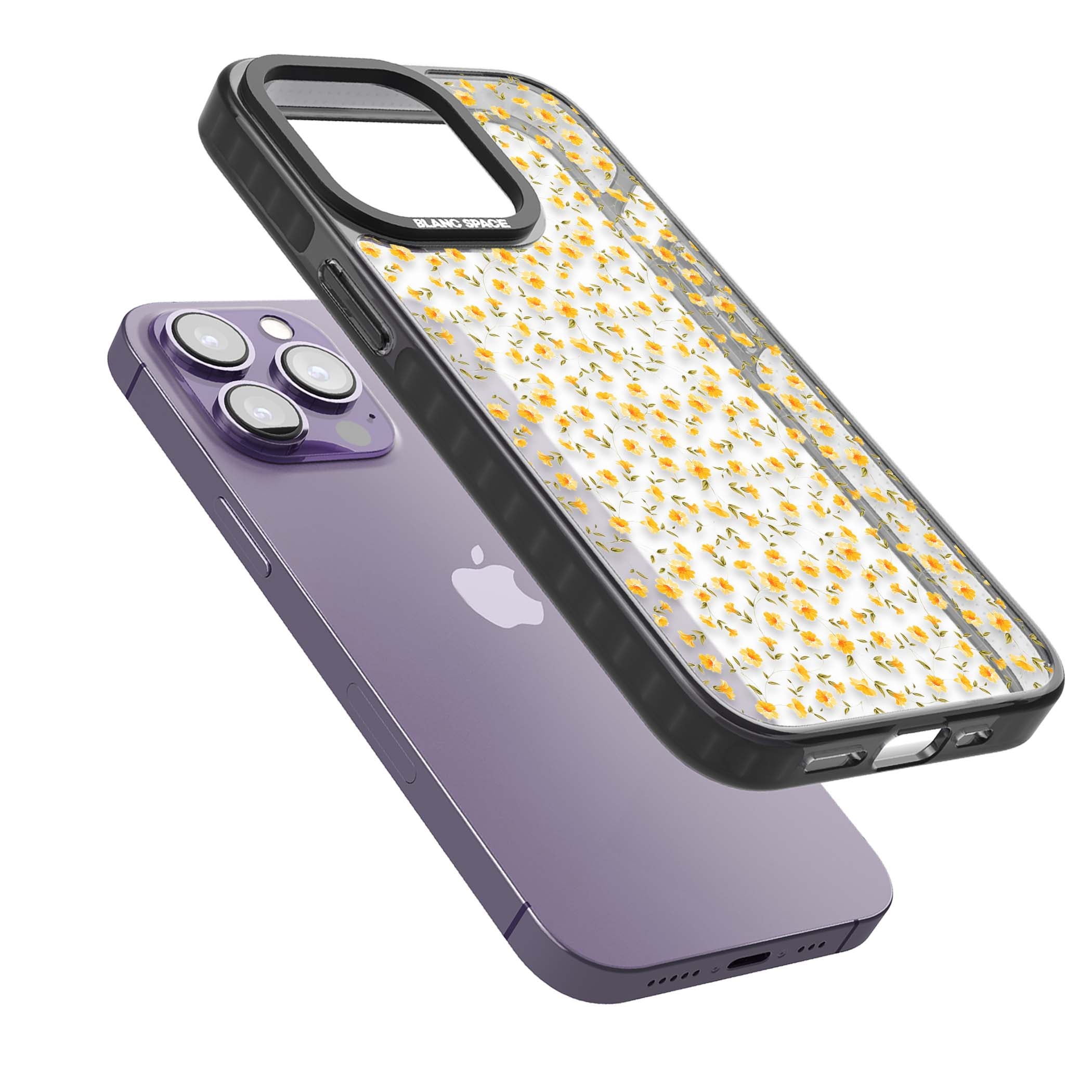 Buttercup wildflower iPhone case featuring tiny yellow flowers and trailing green vines on clear | Black Impact case for iPhone 13 Pro, iPhone 14 Pro, iPhone 15 Pro