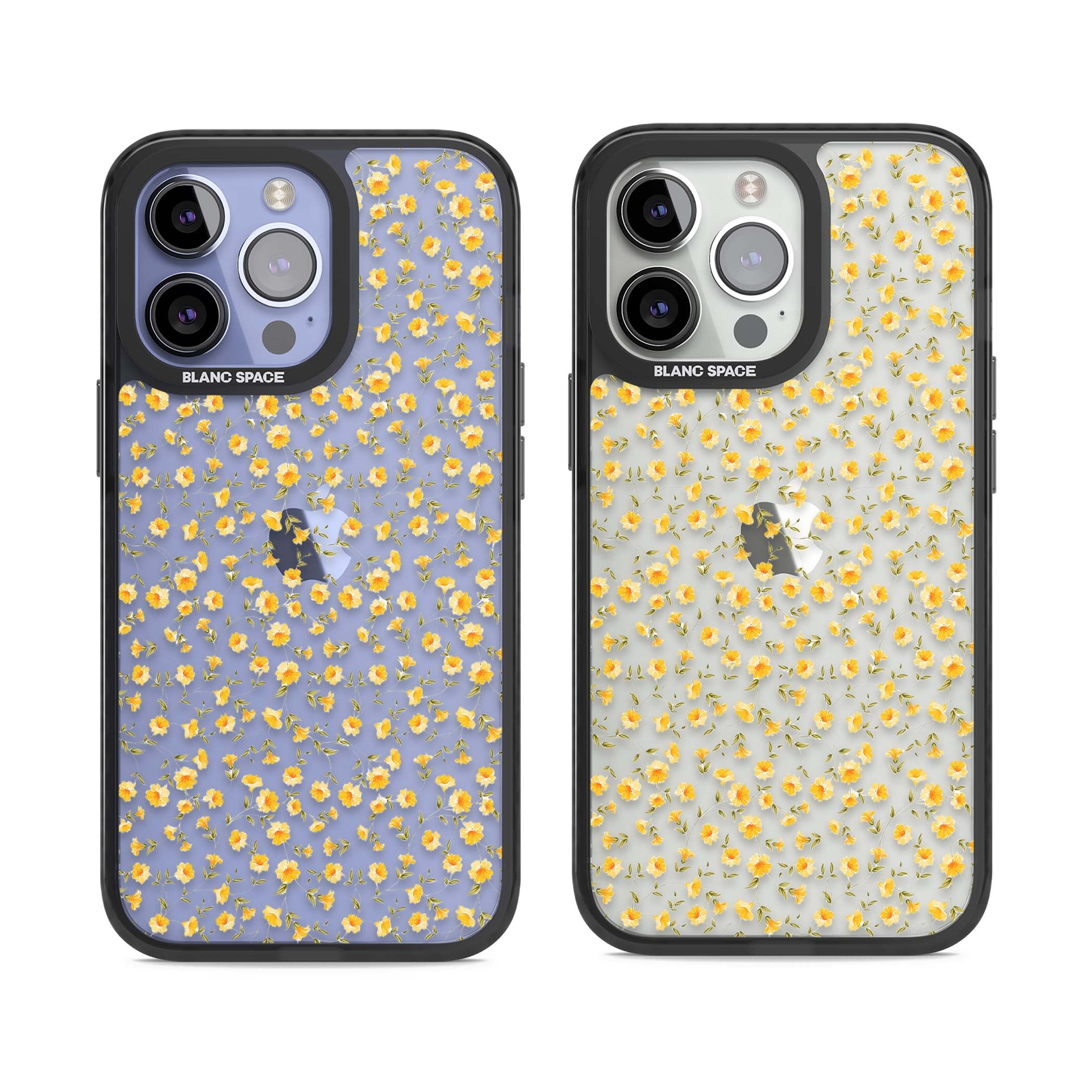 Buttercup wildflower iPhone case featuring tiny yellow flowers and trailing green vines on clear | Black Impact case for iPhone 13 Pro, iPhone 14 Pro, iPhone 15 Pro