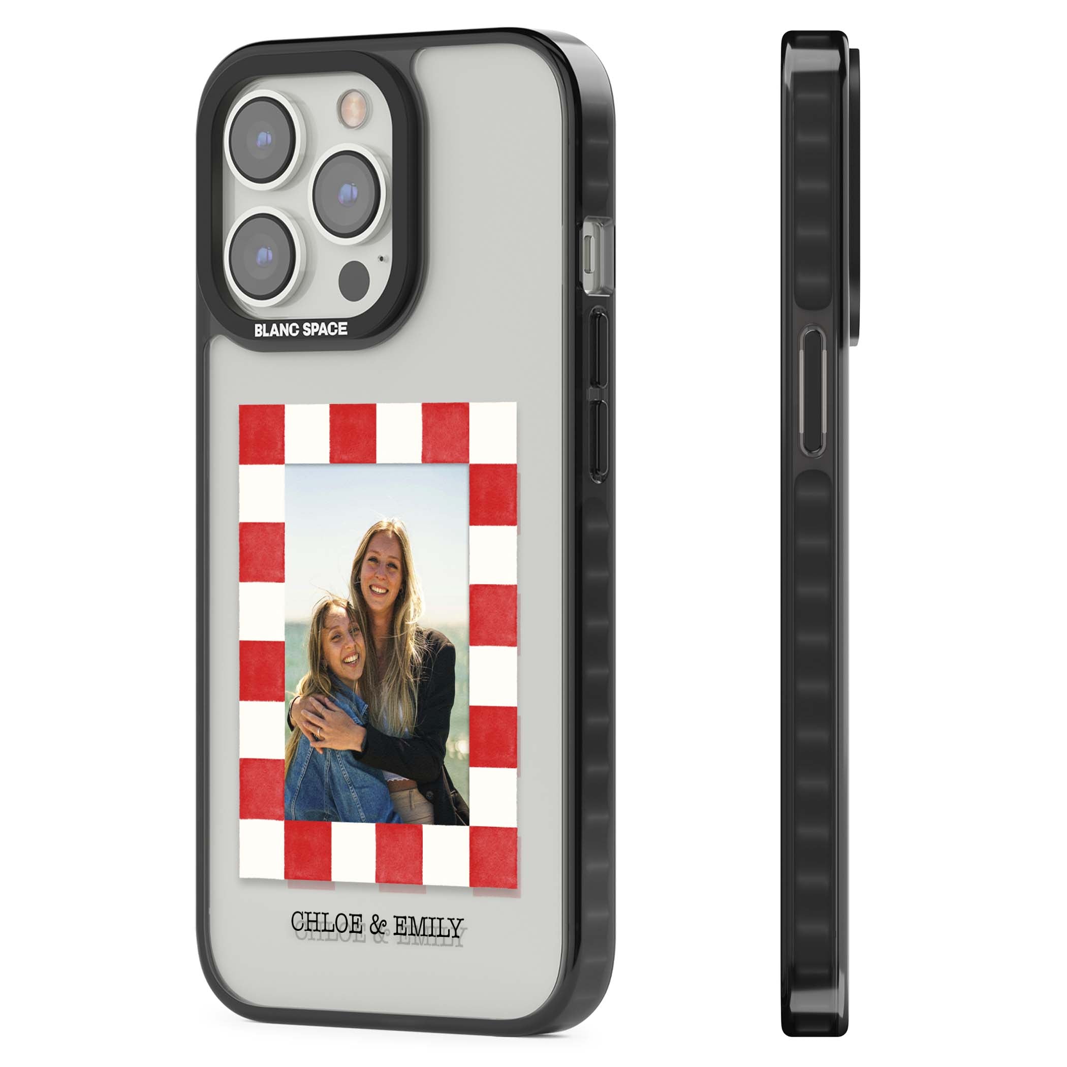 Red Check Photo personalised photo iPhone case with red and white checkered polaroid frame and custom couple name | Black Impact case for iPhone 13 Pro, iPhone 14 Pro, iPhone 15 Pro
