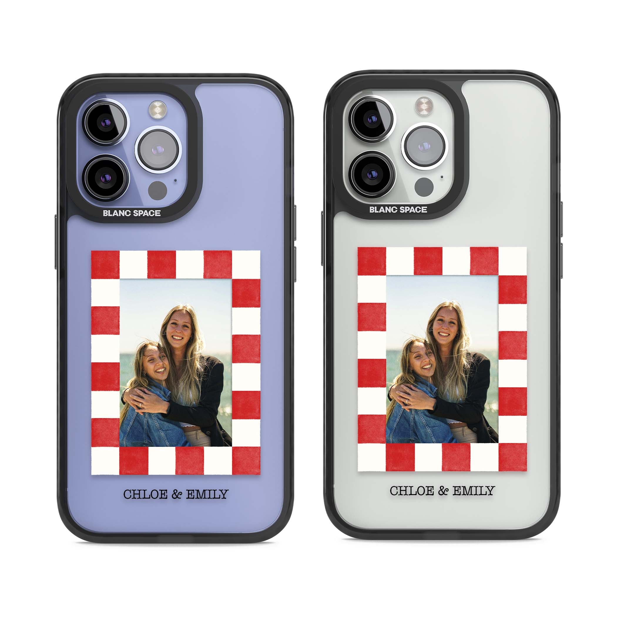 Red Check Photo personalised photo iPhone case with red and white checkered polaroid frame and custom couple name | Black Impact case for iPhone 13 Pro, iPhone 14 Pro, iPhone 15 Pro