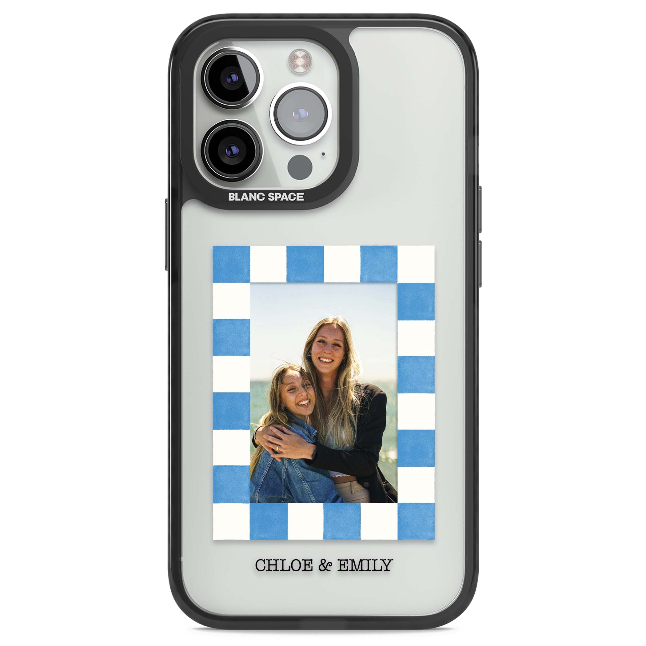 Blue Check Photo personalised photo iPhone case with blue checkered frame and custom couple names | Black Impact case for iPhone 13 Pro, iPhone 14 Pro, iPhone 15 Pro