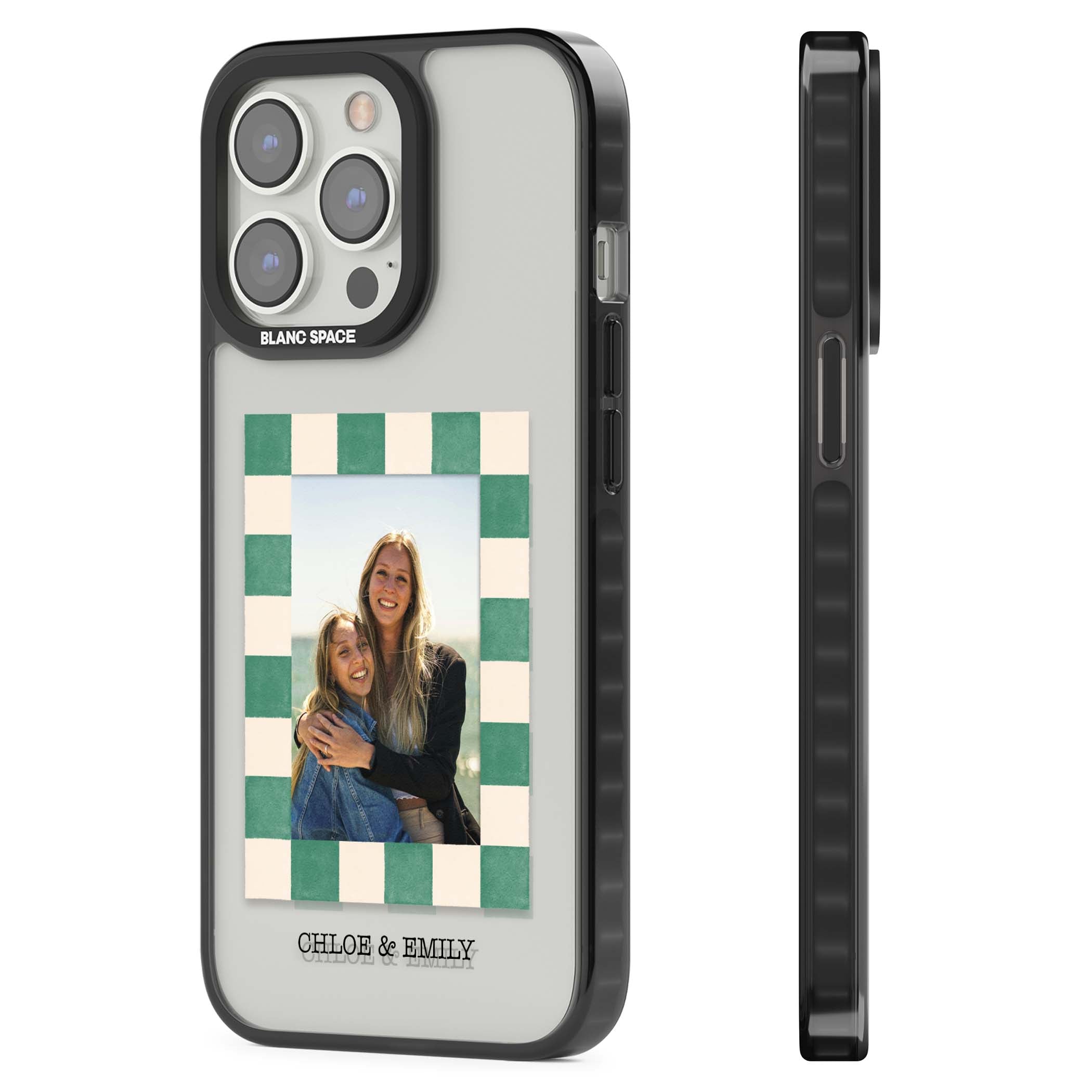 Seafoam Check Photo personalised iPhone case featuring a custom polaroid photo, green and cream checkered frame, and custom n | Black Impact case for iPhone 13 Pro, iPhone 14 Pro, iPhone 15 Pro