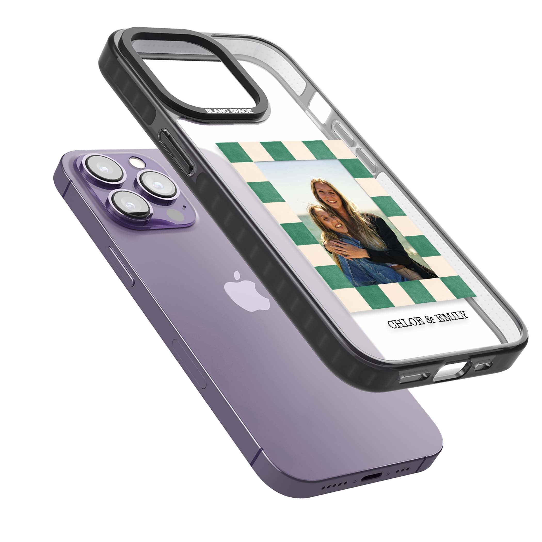 Seafoam Check Photo personalised iPhone case featuring a custom polaroid photo, green and cream checkered frame, and custom n | Black Impact case for iPhone 13 Pro, iPhone 14 Pro, iPhone 15 Pro