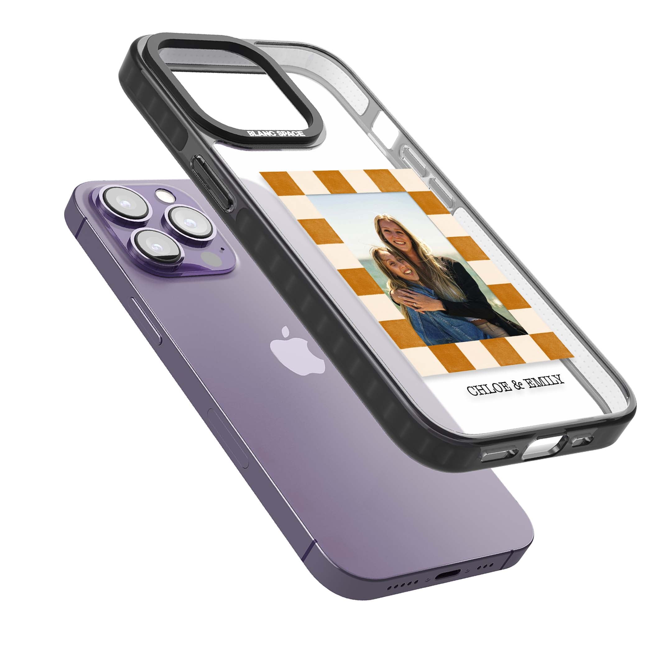 Citrus Check Photo personalised iPhone case with custom photo, orange checkered frame and names underneath | Black Impact case for iPhone 13 Pro, iPhone 14 Pro, iPhone 15 Pro