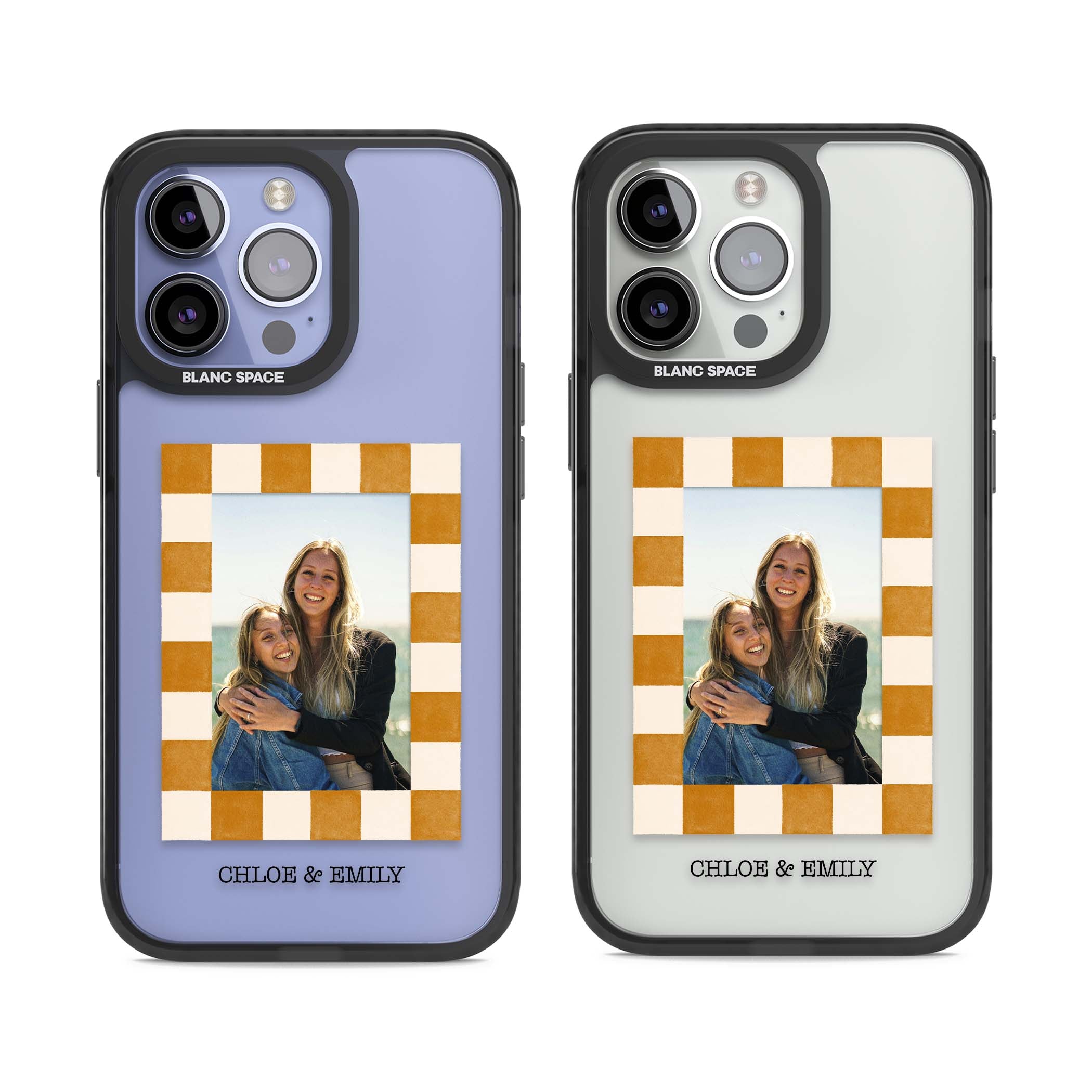 Citrus Check Photo personalised iPhone case with custom photo, orange checkered frame and names underneath | Black Impact case for iPhone 13 Pro, iPhone 14 Pro, iPhone 15 Pro