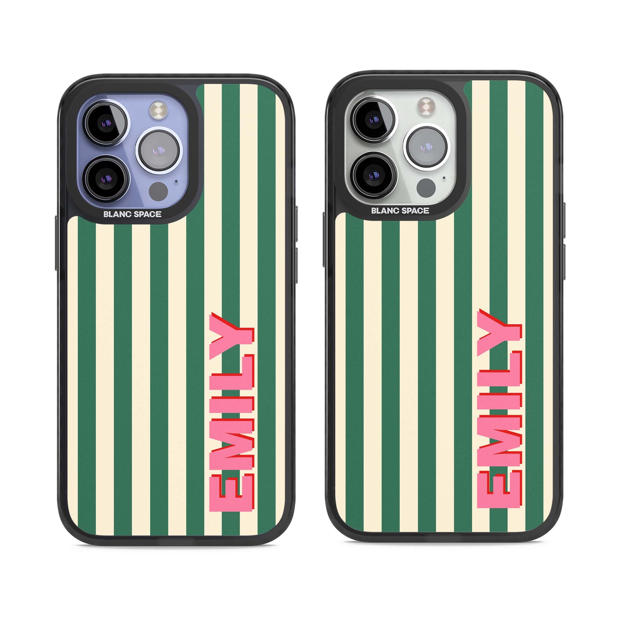 Wimbledon Stripe preppy iPhone case featuring green and cream vertical stripes with a personalised pink name | Black Impact case for iPhone 13 Pro, iPhone 14 Pro, iPhone 15 Pro