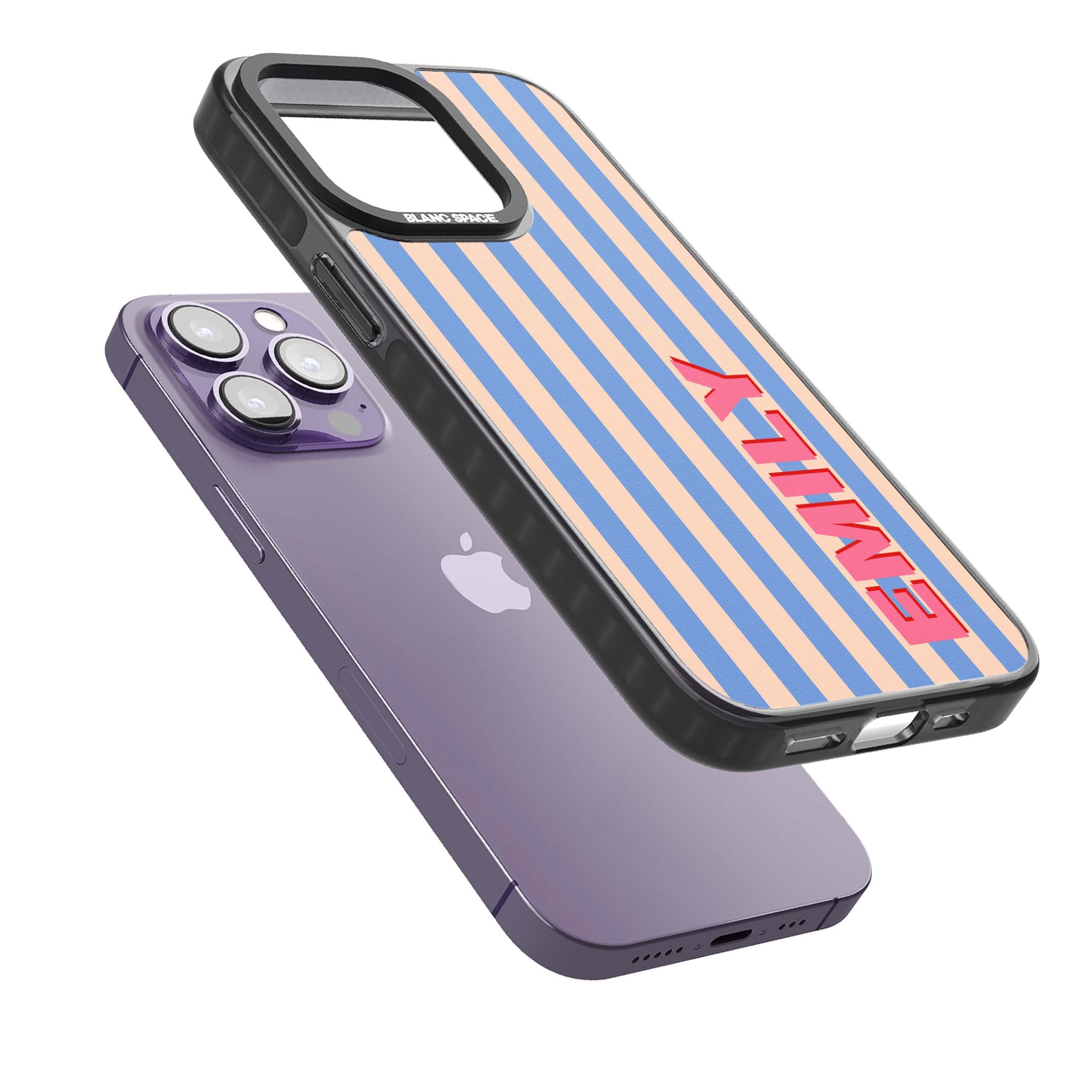 Coastal Stripe personalised coastal iPhone case with blue and peach vertical stripes and custom pink name | Black Impact case for iPhone 13 Pro, iPhone 14 Pro, iPhone 15 Pro