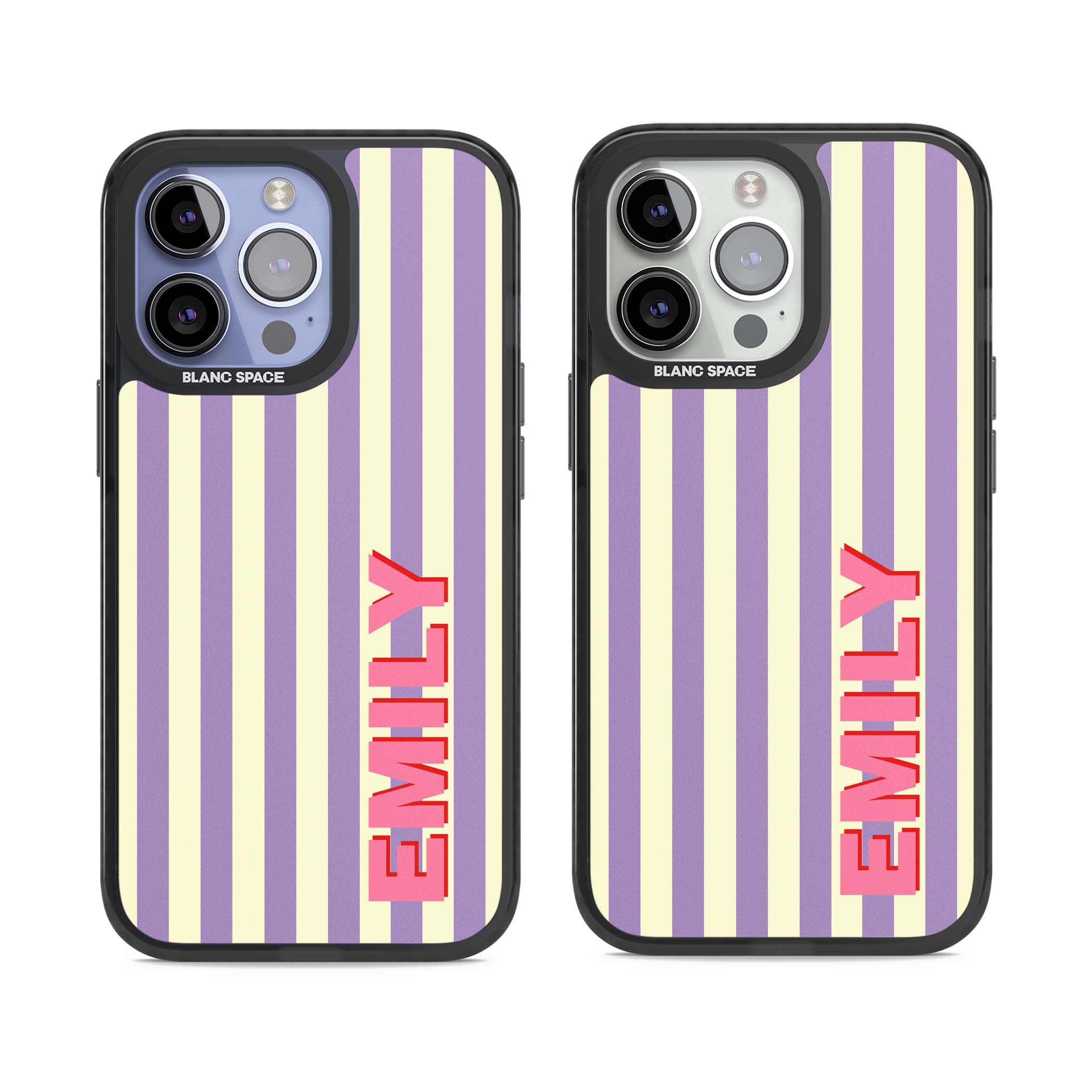 Valensole Stripe personalised iPhone case with purple and cream vertical stripes and pink custom name | Black Impact case for iPhone 13 Pro, iPhone 14 Pro, iPhone 15 Pro