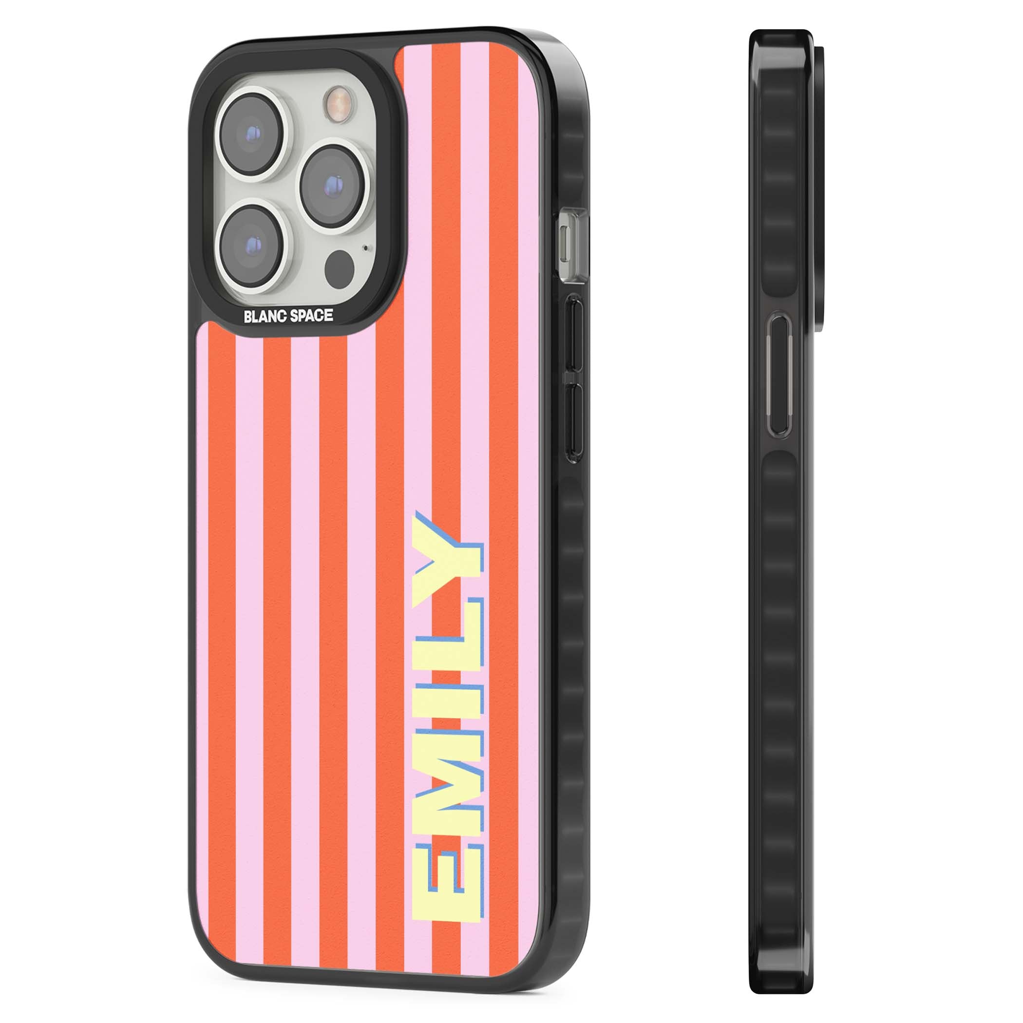 Havana Stripe personalised iPhone case featuring pink and orange vertical stripes with a custom yellow name | Black Impact case for iPhone 13 Pro, iPhone 14 Pro, iPhone 15 Pro