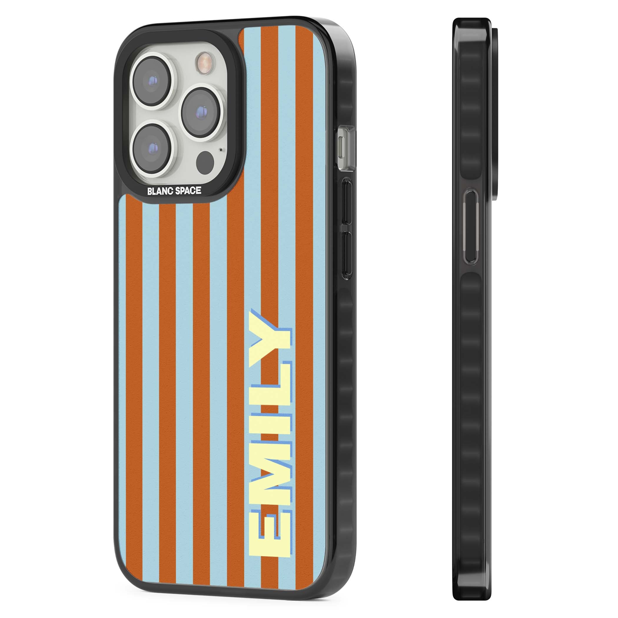 Cappadocia Stripe personalised coastal iPhone case featuring blue and orange vertical stripes with custom cream name | Black Impact case for iPhone 13 Pro, iPhone 14 Pro, iPhone 15 Pro