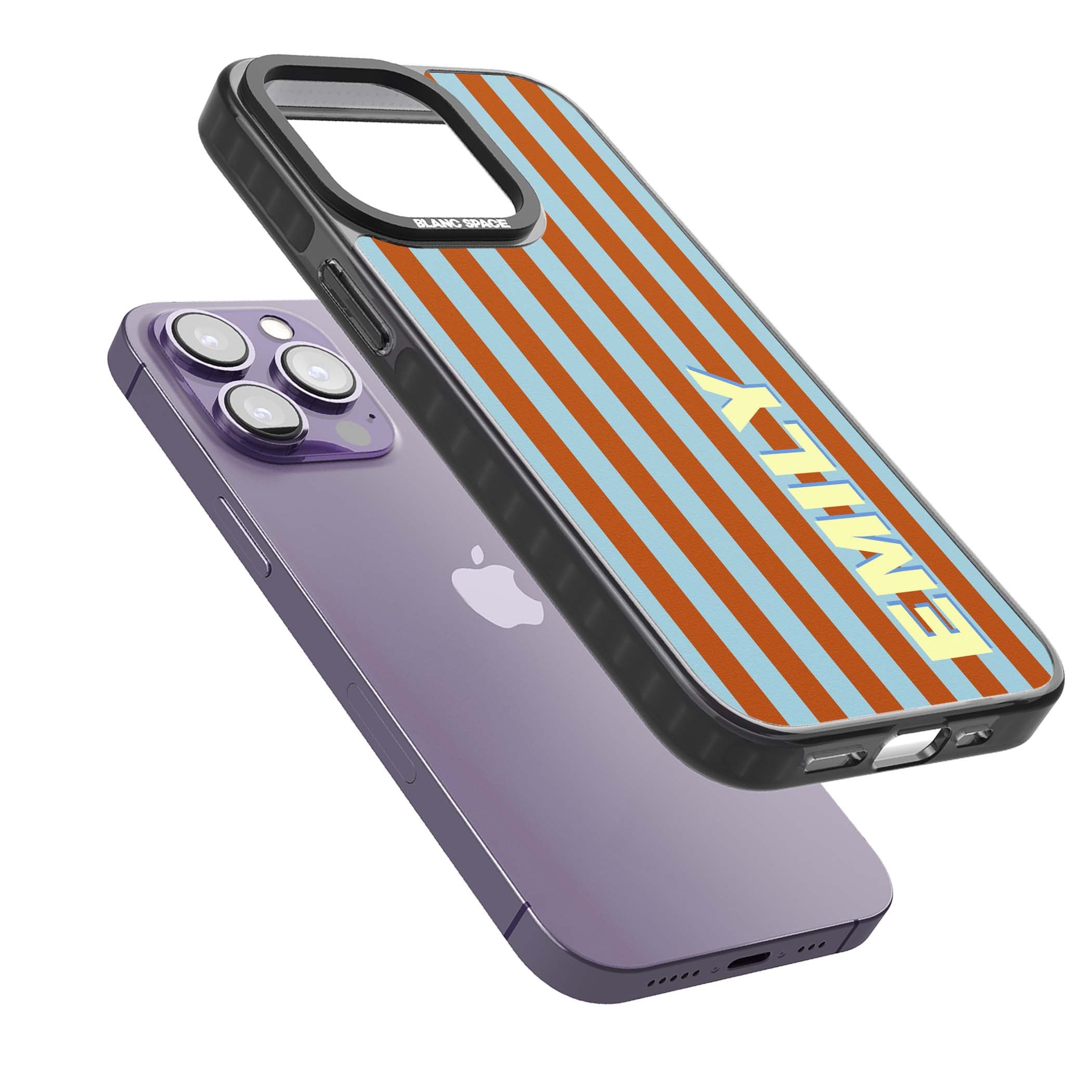 Cappadocia Stripe personalised coastal iPhone case featuring blue and orange vertical stripes with custom cream name | Black Impact case for iPhone 13 Pro, iPhone 14 Pro, iPhone 15 Pro