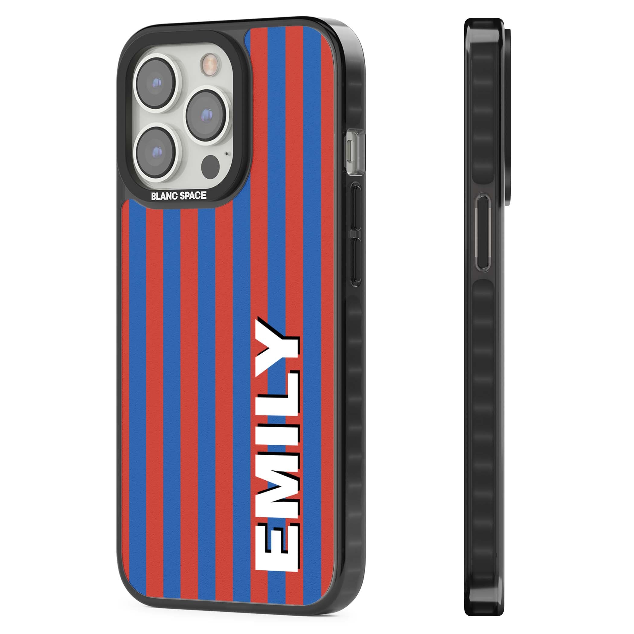 Cuban Stripe personalised iPhone case featuring red and blue vertical stripes with custom name in bold white letters | Black Impact case for iPhone 13 Pro, iPhone 14 Pro, iPhone 15 Pro