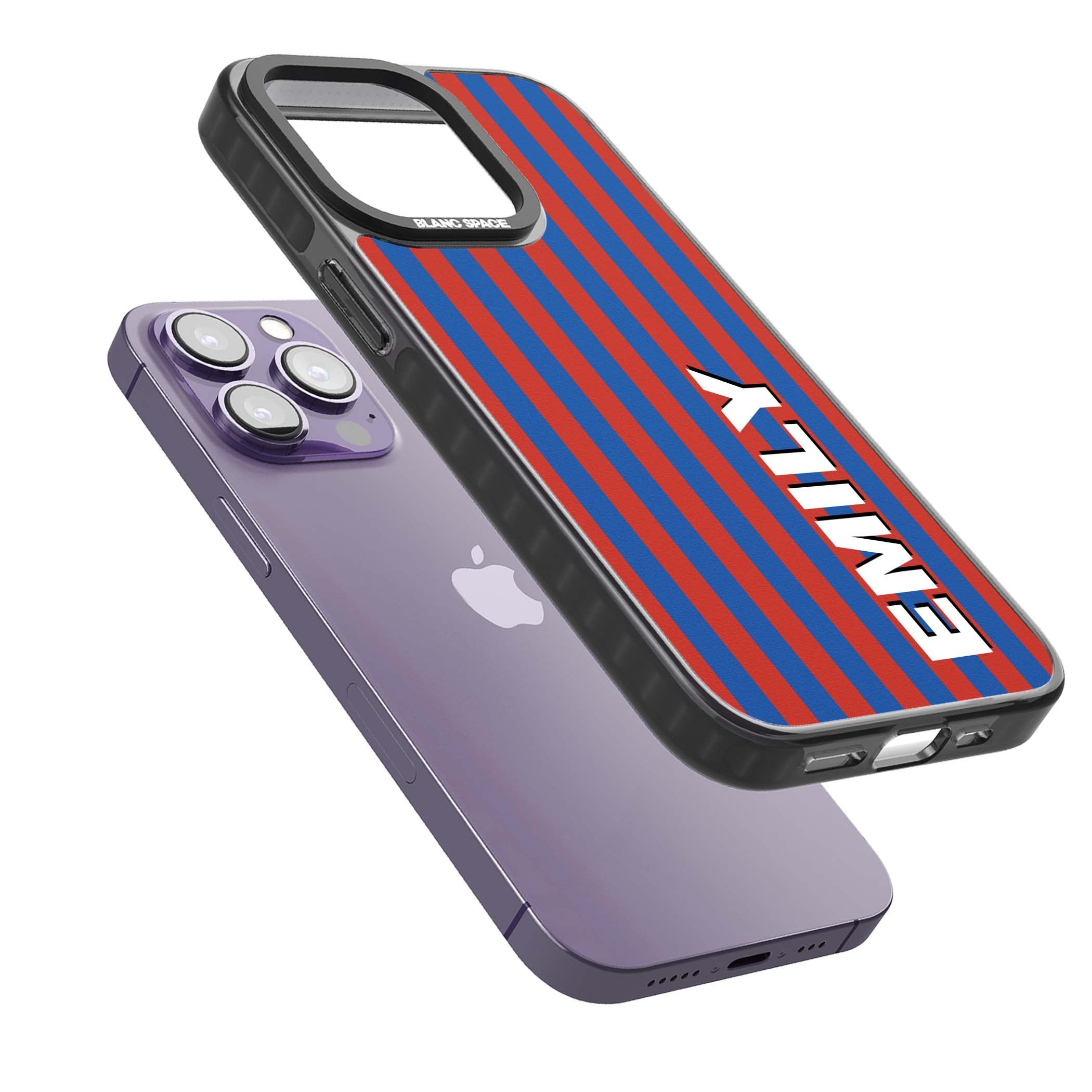 Cuban Stripe personalised iPhone case featuring red and blue vertical stripes with custom name in bold white letters | Black Impact case for iPhone 13 Pro, iPhone 14 Pro, iPhone 15 Pro