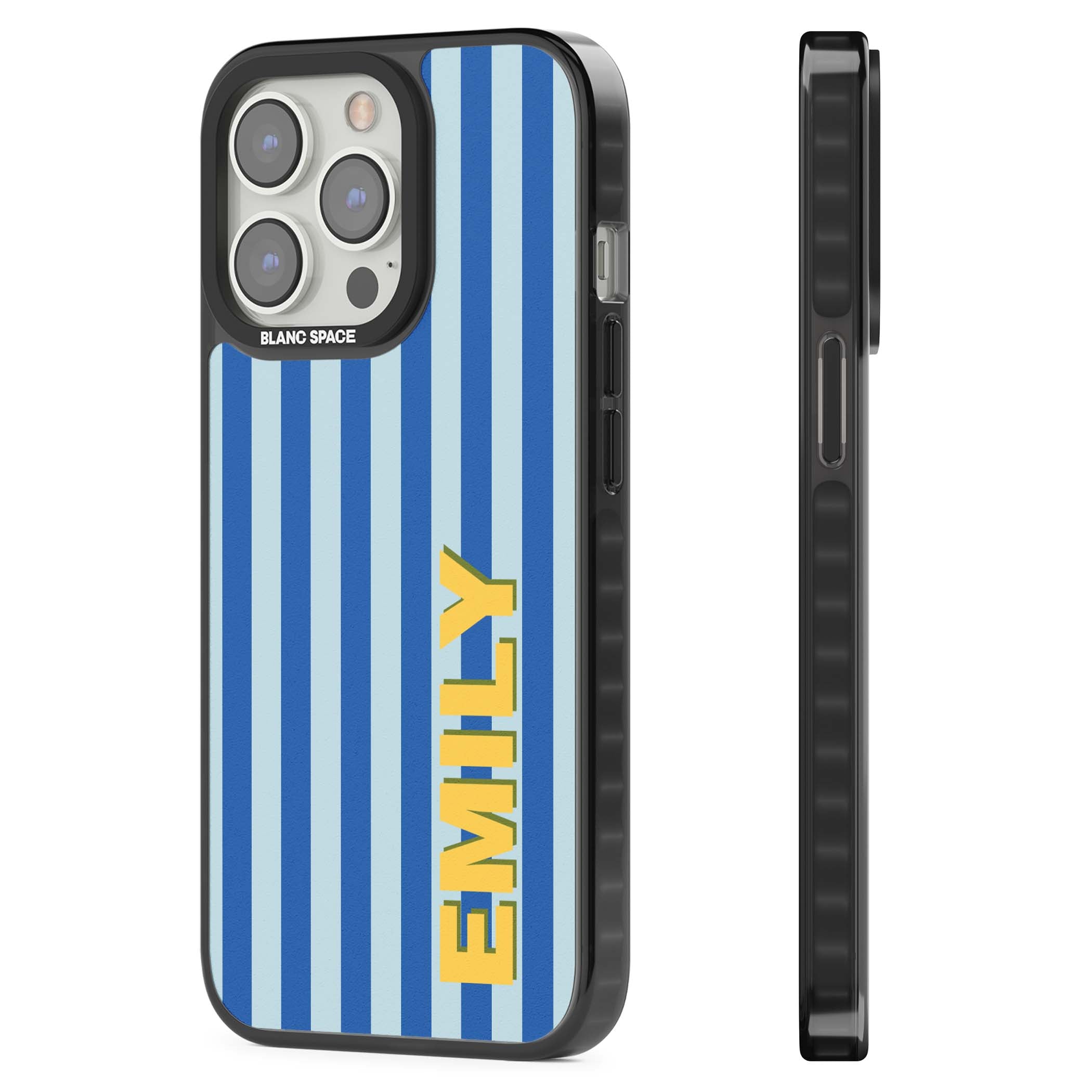 Athenian Stripe personalised preppy iPhone case featuring blue vertical stripes and a custom yellow name | Black Impact case for iPhone 13 Pro, iPhone 14 Pro, iPhone 15 Pro