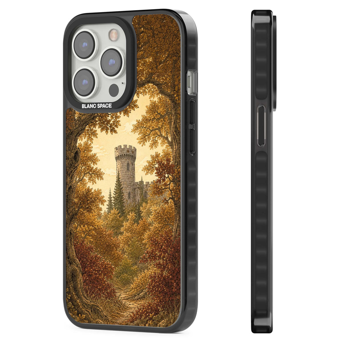 Autumn Keep cottagecore iPhone case featuring a medieval castle tower framed by golden autumn trees and woodland foliage | Black Impact case for iPhone 13 Pro, iPhone 14 Pro, iPhone 15 Pro