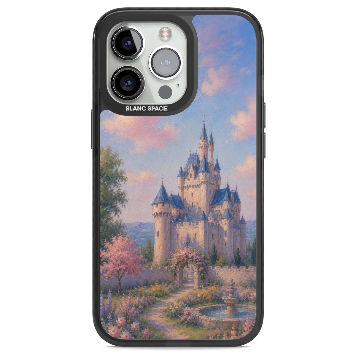 Enchanted Kingdom fairytale iPhone case featuring a romantic castle painting with cherry blossoms and pastel pink sky | Black Impact case for iPhone 13 Pro, iPhone 14 Pro, iPhone 15 Pro