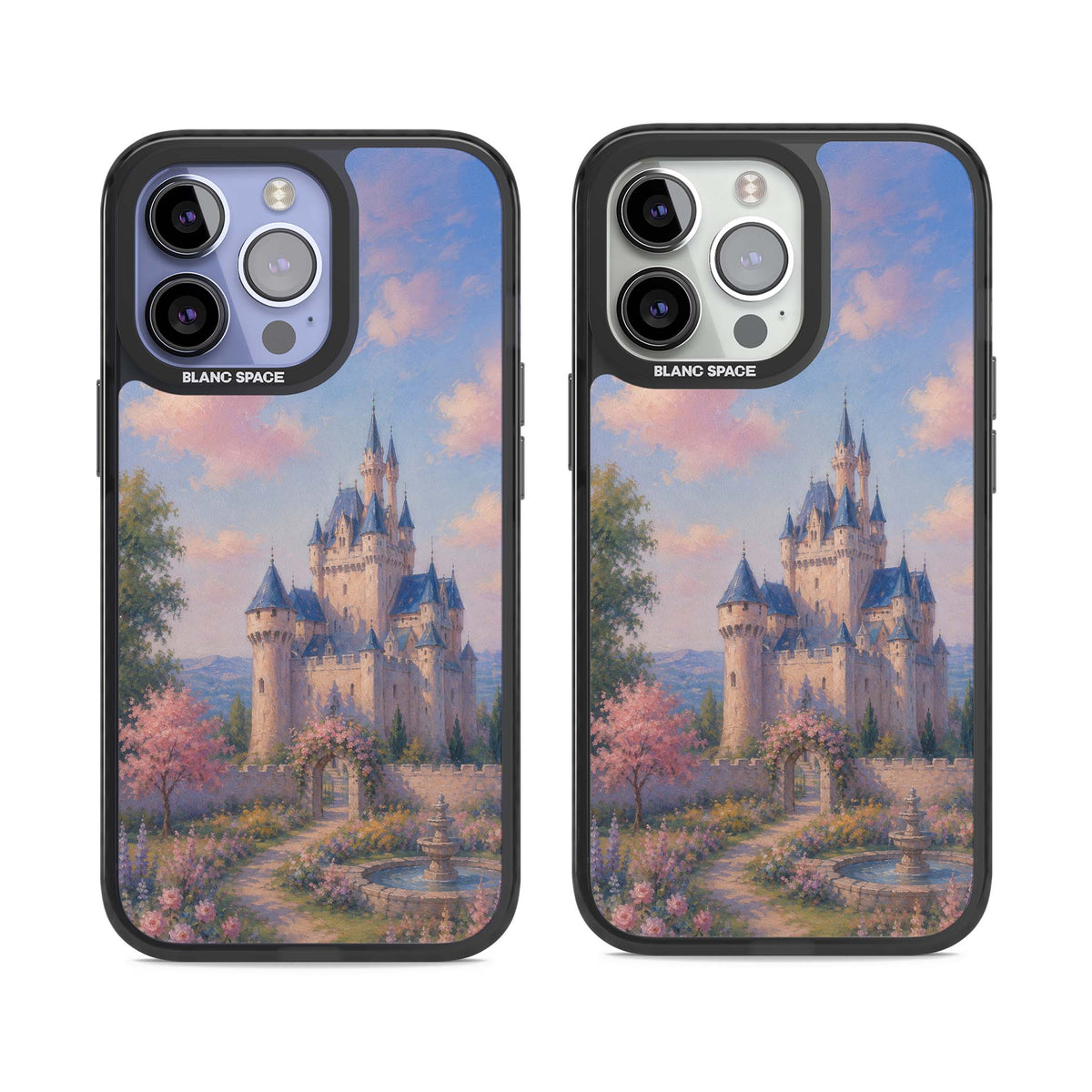 Enchanted Kingdom fairytale iPhone case featuring a romantic castle painting with cherry blossoms and pastel pink sky | Black Impact case for iPhone 13 Pro, iPhone 14 Pro, iPhone 15 Pro