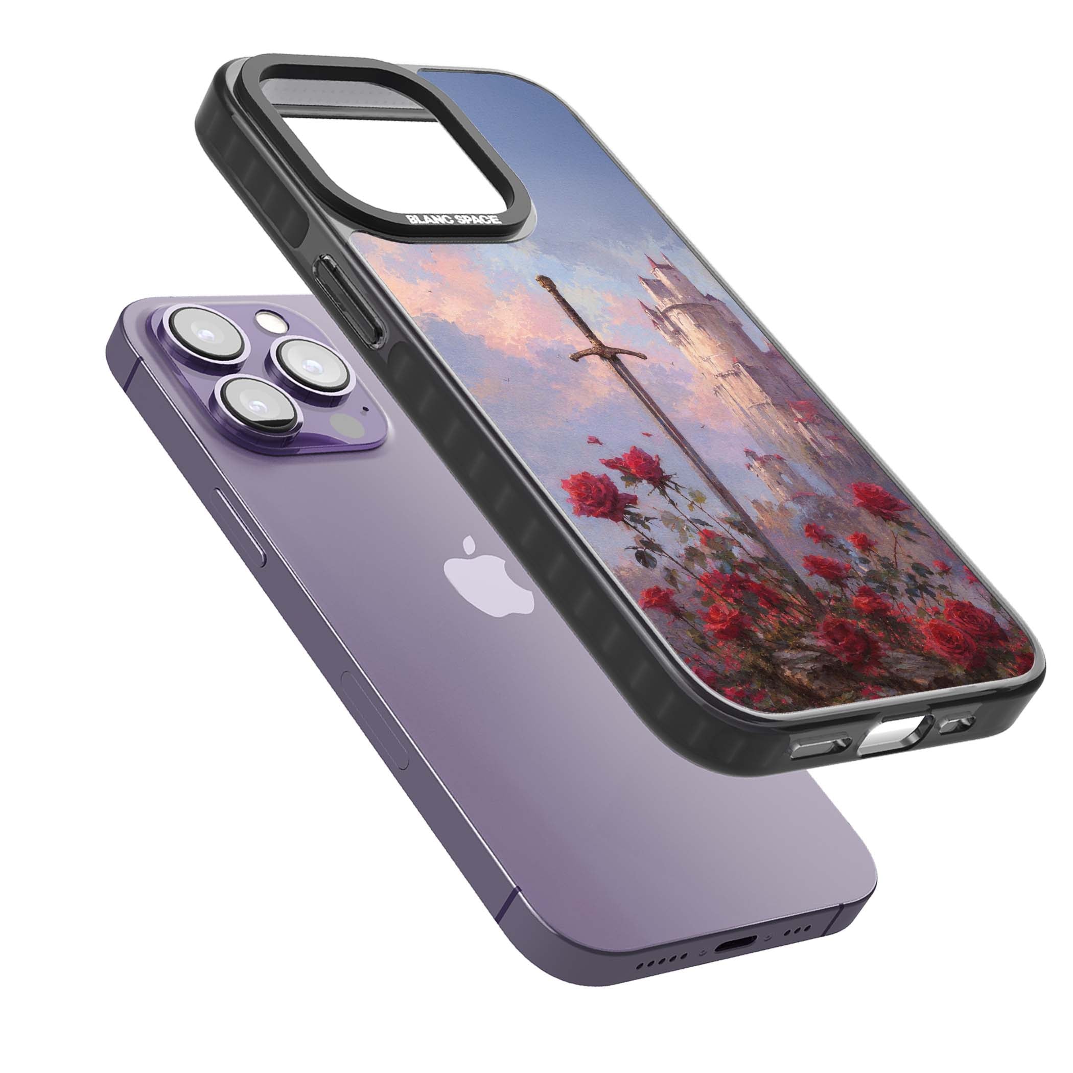 Sword in Roses medieval art iPhone case featuring a sword, red roses, and a misty fairytale castle at sunset | Black Impact case for iPhone 13 Pro, iPhone 14 Pro, iPhone 15 Pro