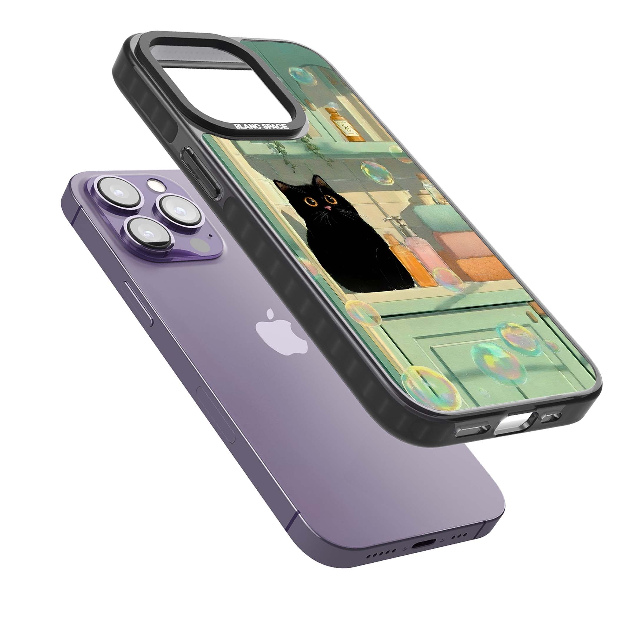Bathroom Bubble Kitty cottagecore iPhone case featuring a black cat, mint bathroom scene and floating soap bubbles | Black Impact case for iPhone 13 Pro, iPhone 14 Pro, iPhone 15 Pro
