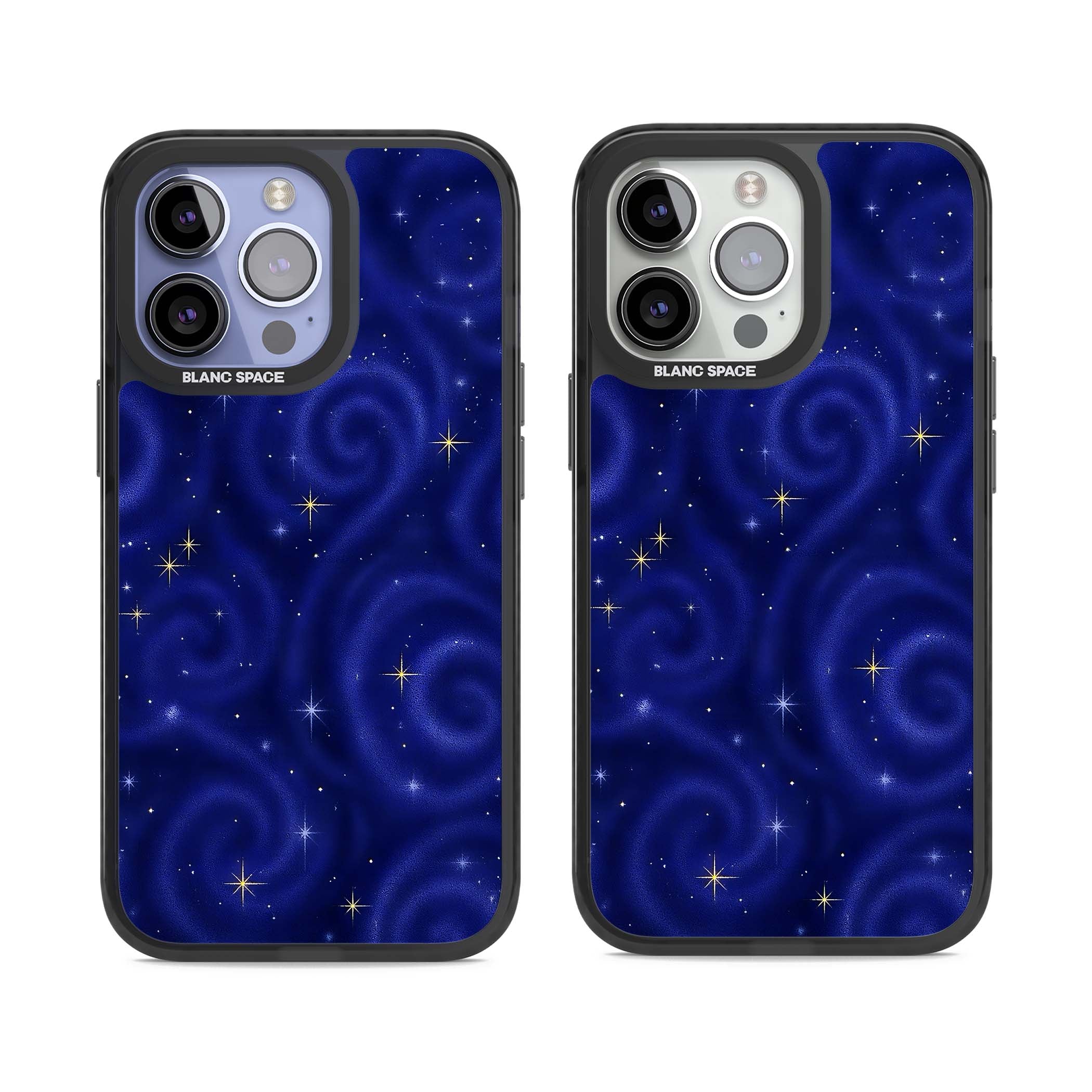 Indigo Cosmos celestial iPhone case featuring swirling navy night sky and sparkling golden stars | Black Impact case for iPhone 13 Pro, iPhone 14 Pro, iPhone 15 Pro
