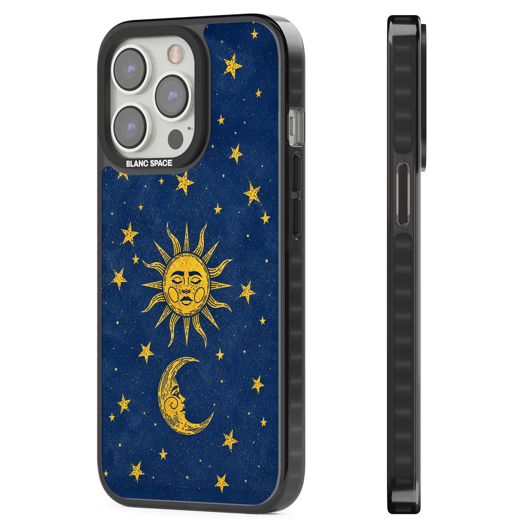 Sun & Moon Reverie celestial iPhone case featuring a vintage golden sun, crescent moon and scattered stars on midnight blue | Black Impact case for iPhone 13 Pro, iPhone 14 Pro, iPhone 15 Pro