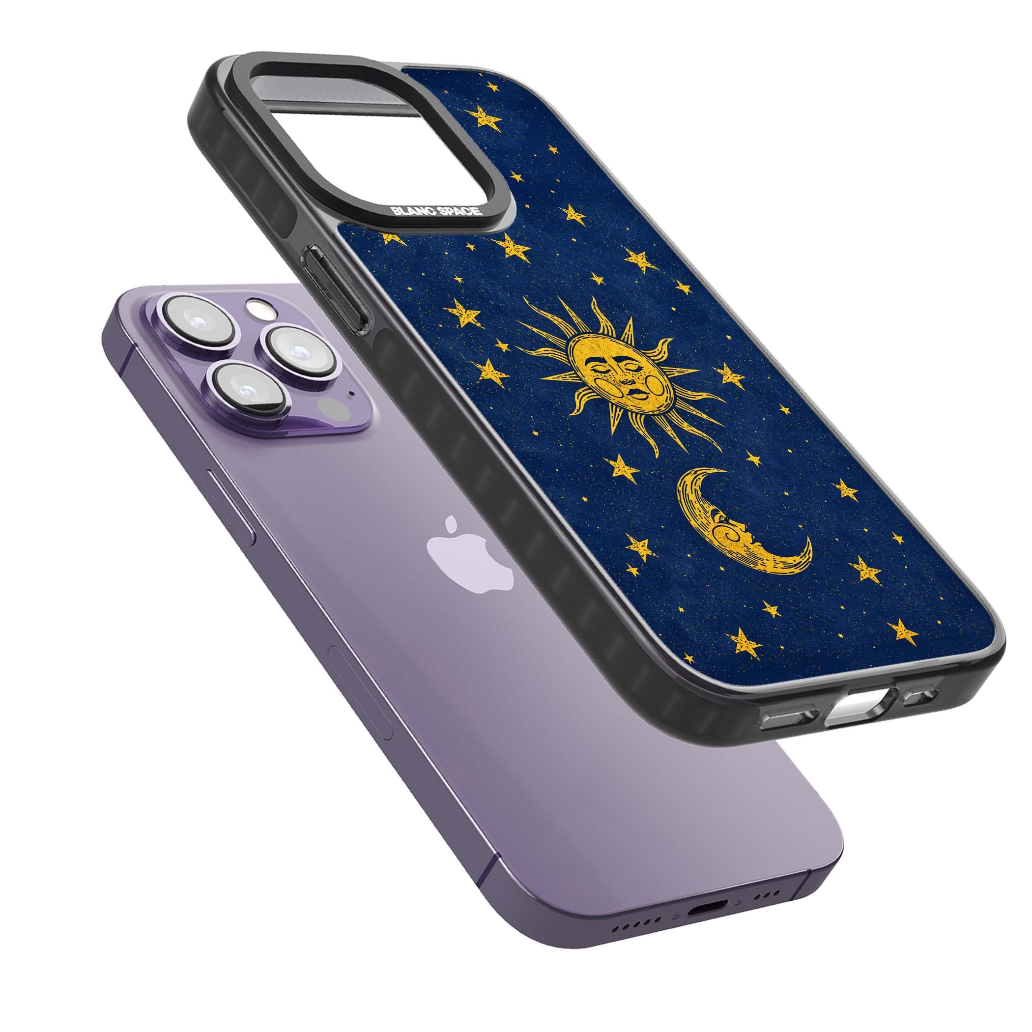 Sun & Moon Reverie celestial iPhone case featuring a vintage golden sun, crescent moon and scattered stars on midnight blue | Black Impact case for iPhone 13 Pro, iPhone 14 Pro, iPhone 15 Pro