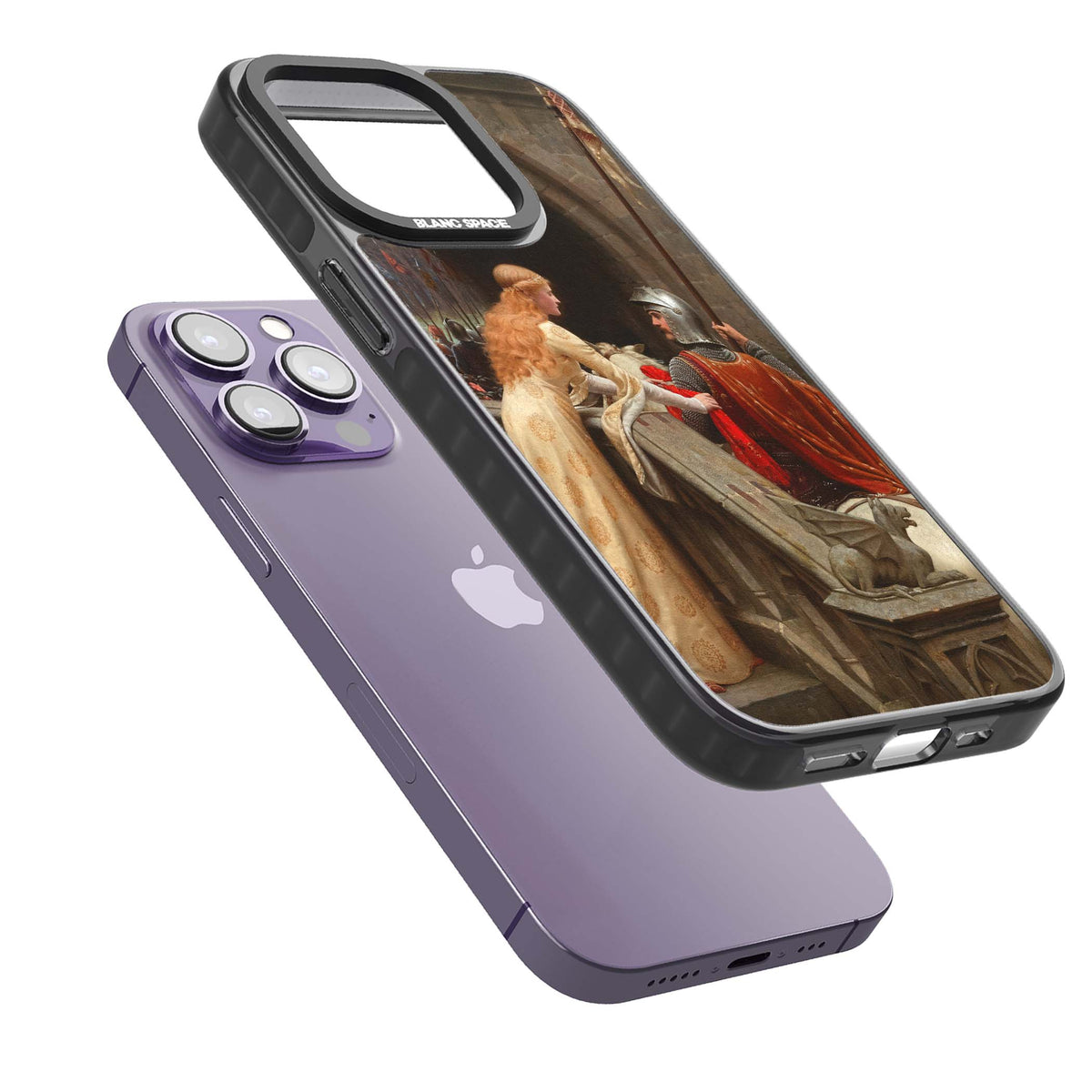 God Speed fine art iPhone case featuring Edmund Blair Leighton's medieval knight and lady beneath a stone archway | Black Impact case for iPhone 13 Pro, iPhone 14 Pro, iPhone 15 Pro