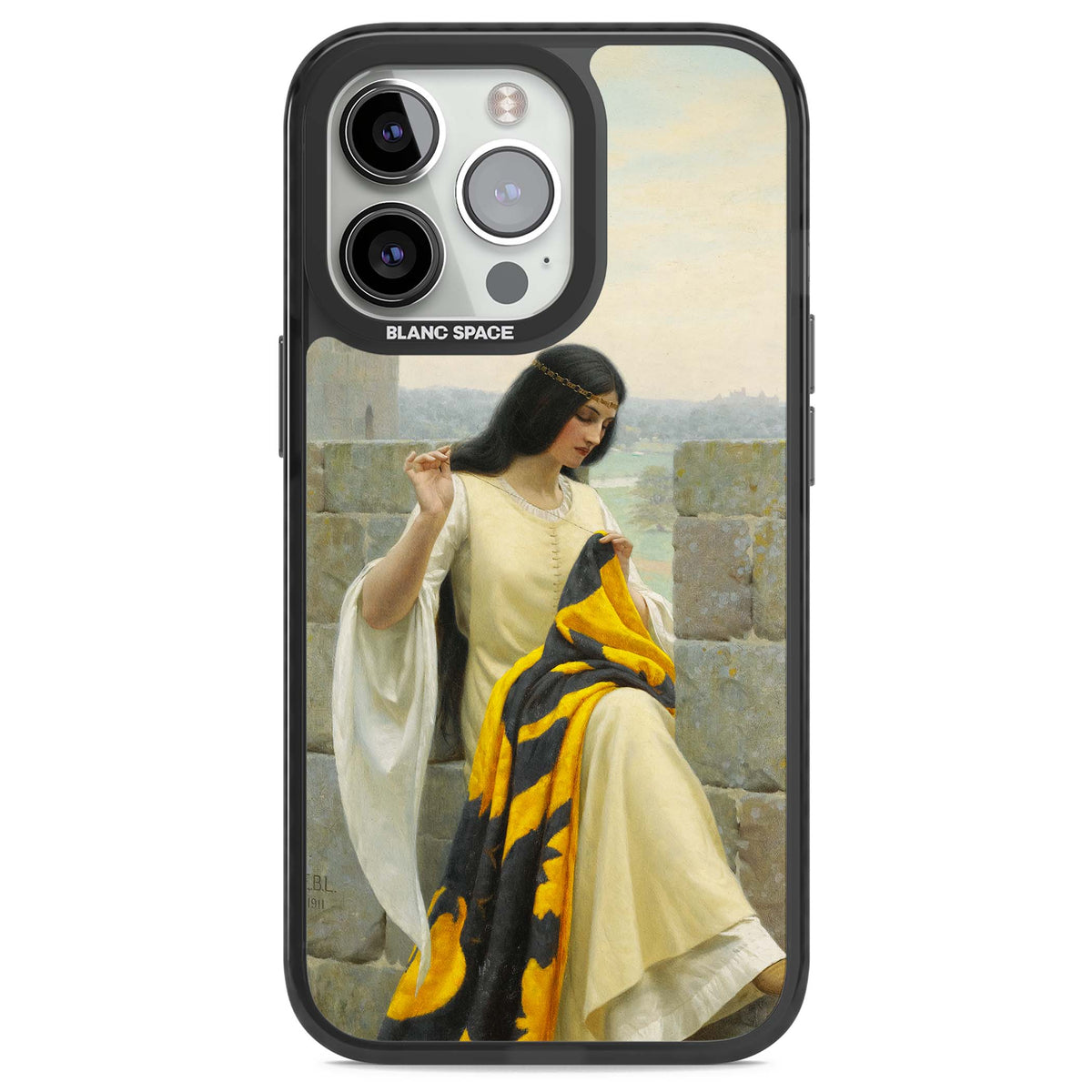 Stitching the Standard renaissance art iPhone case featuring a medieval lady sewing a golden banner on a castle wall | Black Impact case for iPhone 13 Pro, iPhone 14 Pro, iPhone 15 Pro