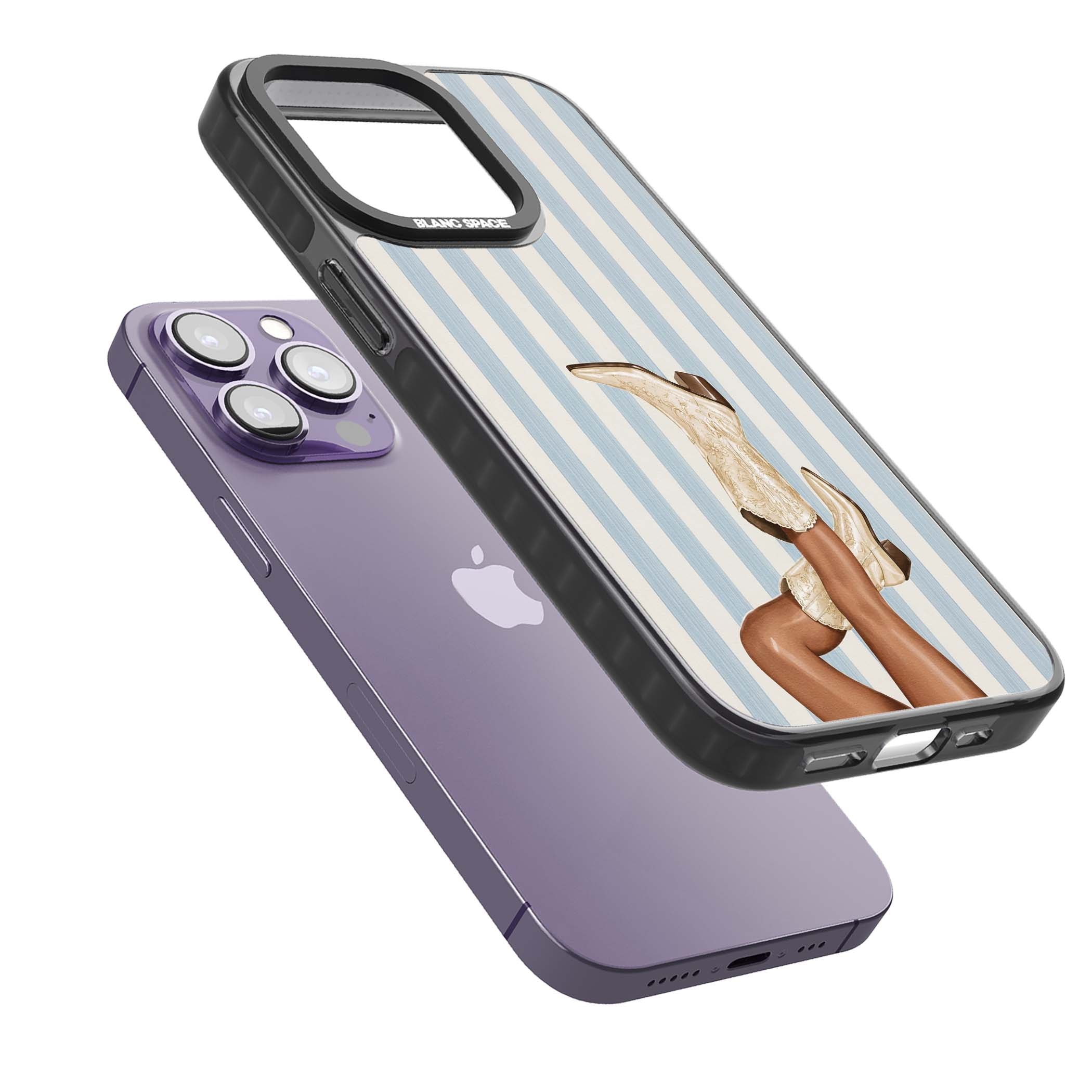 Cowgirl Boots coastal cowgirl iPhone case featuring embroidered western boots, tanned legs and a blue stripe backdrop | Black Impact case for iPhone 13 Pro, iPhone 14 Pro, iPhone 15 Pro
