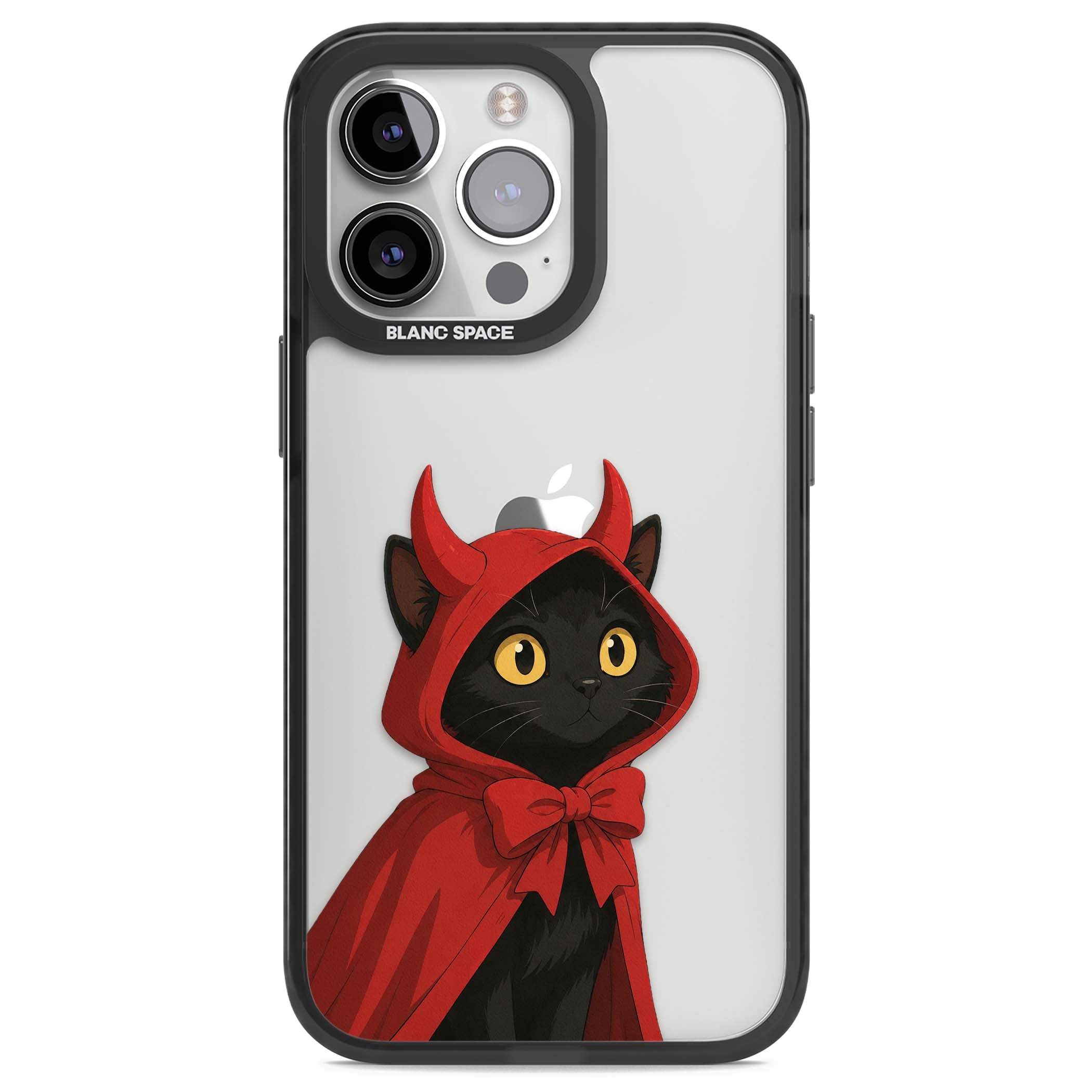 Little Devil halloween iPhone case featuring a black cat in a red hooded devil cloak with horns and golden eyes | Black Impact case for iPhone 13 Pro, iPhone 14 Pro, iPhone 15 Pro