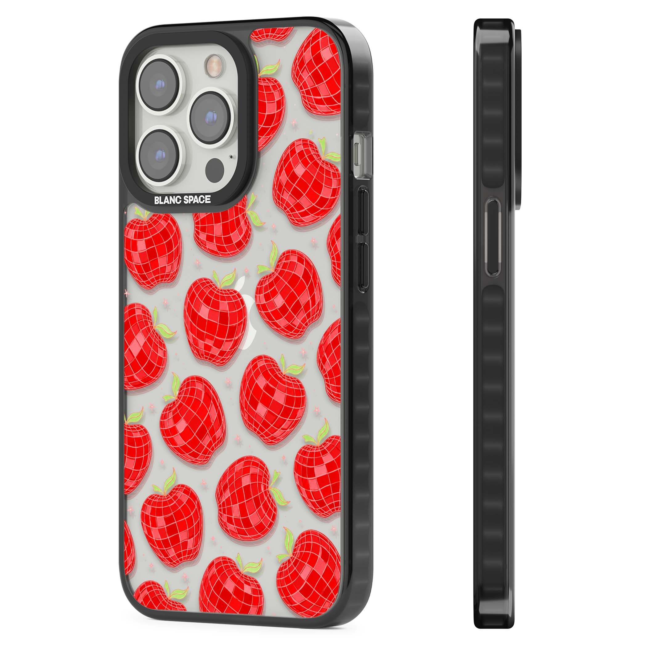 Disco Apples Y2K iPhone case featuring red disco ball apples, green leaves and pink sparkles on clear | Black Impact case for iPhone 13 Pro, iPhone 14 Pro, iPhone 15 Pro