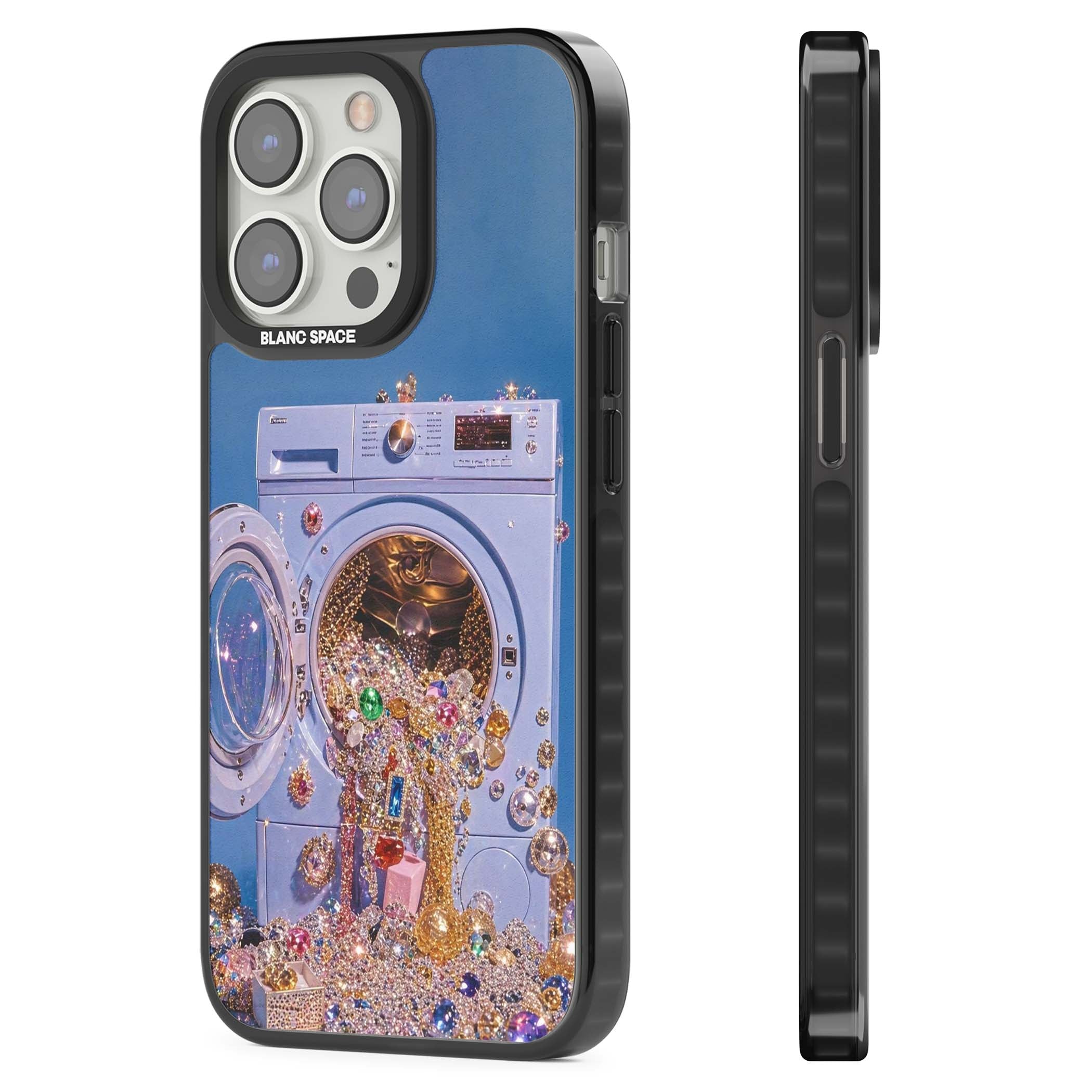 Gem Laundry baddie iPhone case featuring a surreal washing machine overflowing with colourful gemstones and crystals | Black Impact case for iPhone 13 Pro, iPhone 14 Pro, iPhone 15 Pro