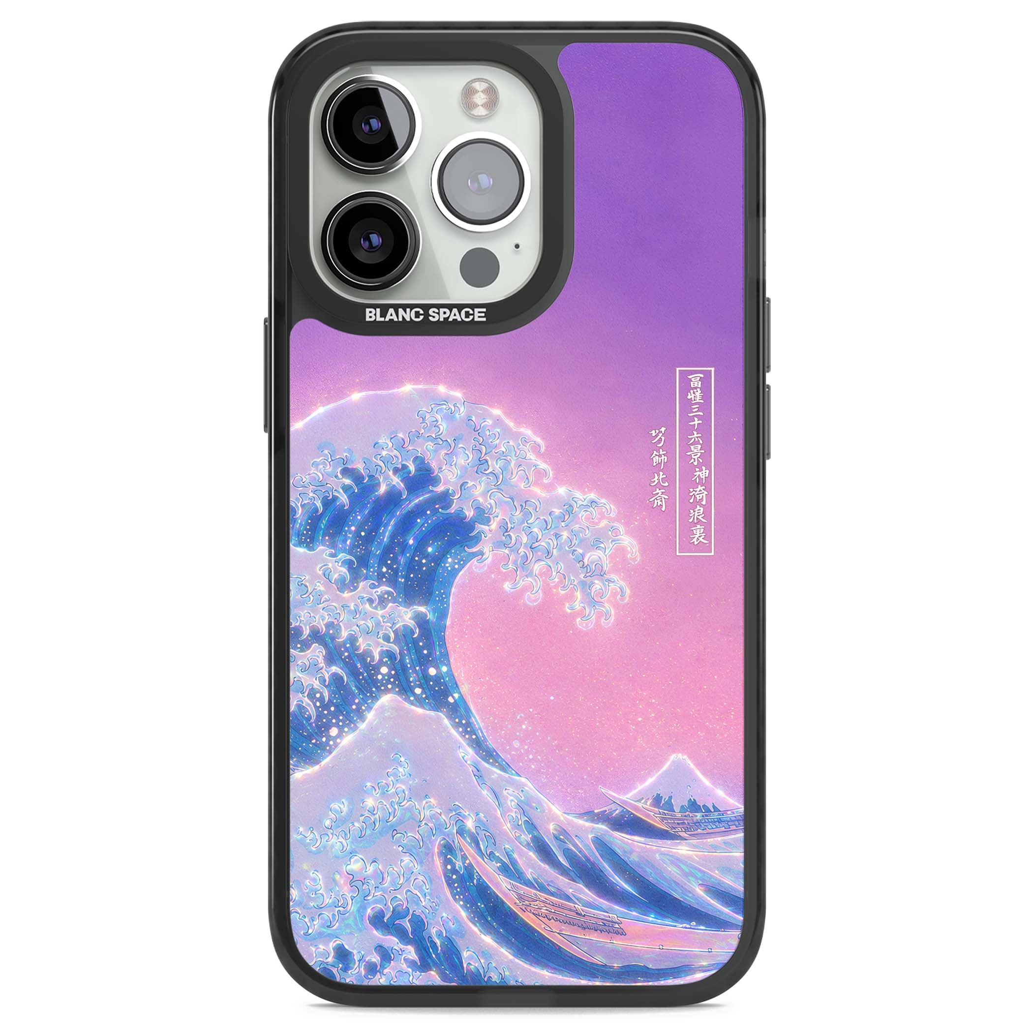 The Great Opal Wave Japanese iPhone case featuring Hokusai's great wave in iridescent pastels with lilac sky and Mou | Black Impact case for iPhone 13 Pro, iPhone 14 Pro, iPhone 15 Pro