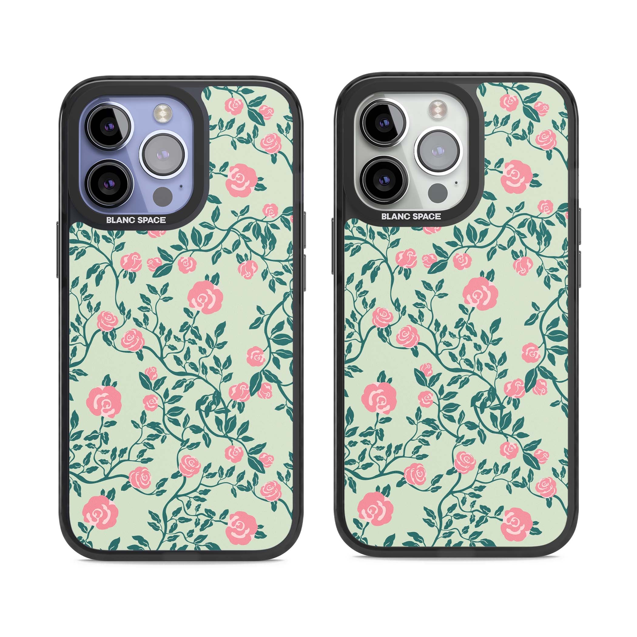 Rose Trellis cottagecore iPhone case featuring pink roses, sage green vines, and mint background | Black Impact case for iPhone 13 Pro, iPhone 14 Pro, iPhone 15 Pro