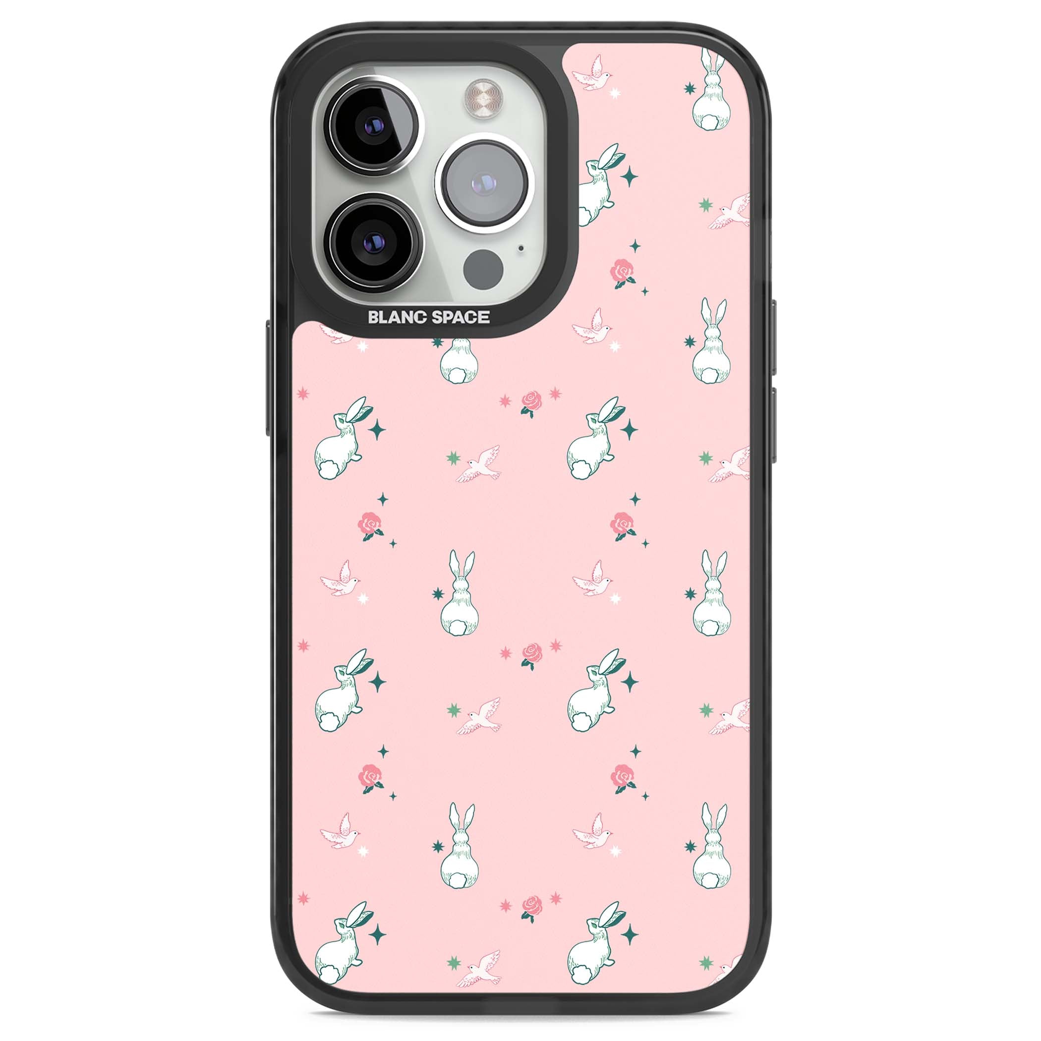 Bunny Garden kawaii iPhone case featuring white rabbits, pink roses, doves and stars on pink background | Black Impact case for iPhone 13 Pro, iPhone 14 Pro, iPhone 15 Pro