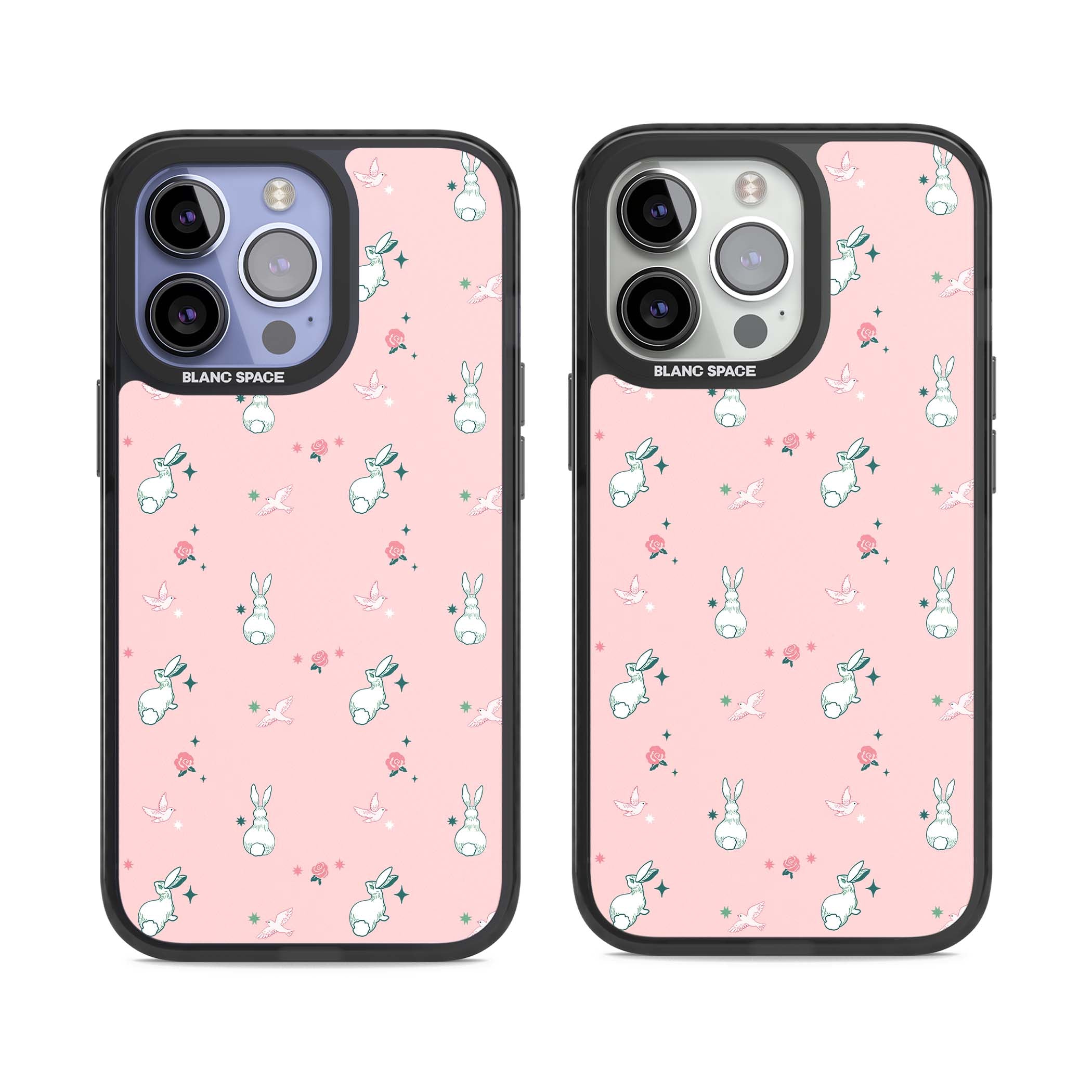 Bunny Garden kawaii iPhone case featuring white rabbits, pink roses, doves and stars on pink background | Black Impact case for iPhone 13 Pro, iPhone 14 Pro, iPhone 15 Pro