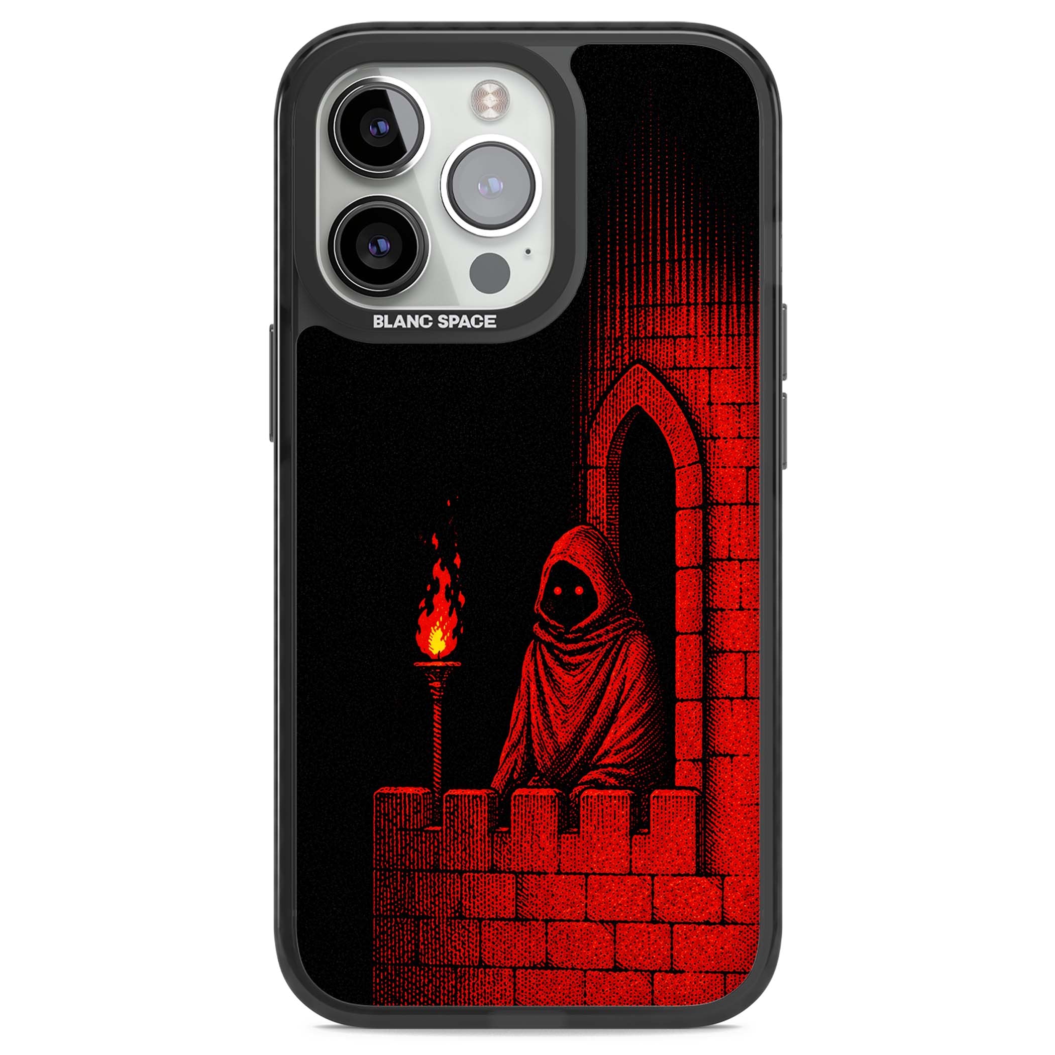Crimson Crypt gothic iPhone case featuring a hooded reaper, torchlit crypt archway and red halftone horror art | Black Impact case for iPhone 13 Pro, iPhone 14 Pro, iPhone 15 Pro