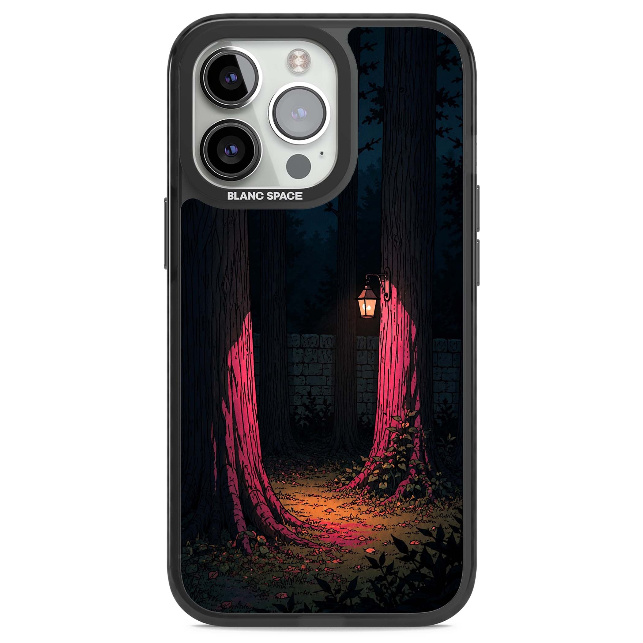 Forest Lantern dark academia iPhone case featuring a moonlit forest, glowing lantern, and stone wall pathway | Black Impact case for iPhone 13 Pro, iPhone 14 Pro, iPhone 15 Pro