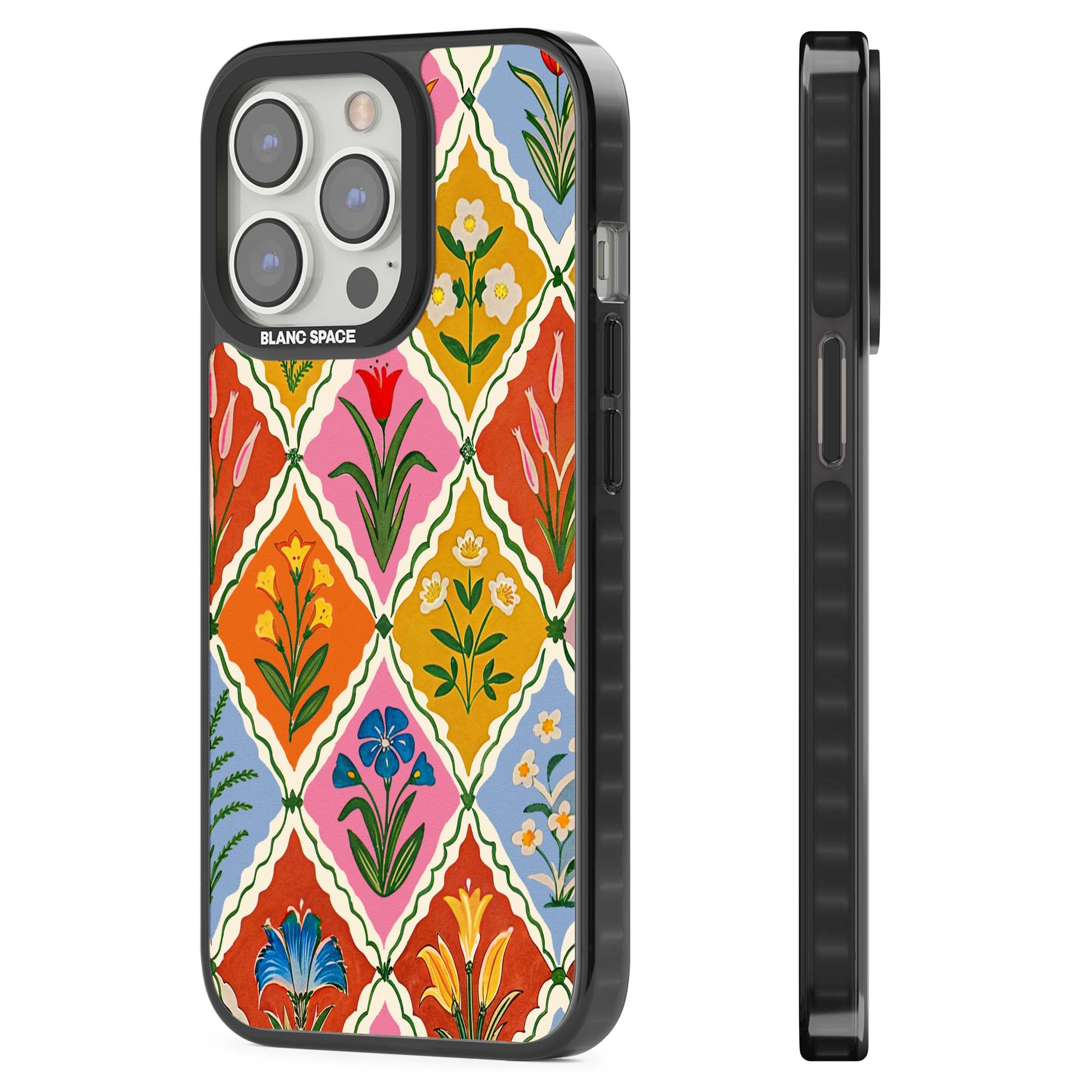 Floral Quilt boho floral iPhone case featuring diamond lattice pattern, hand-painted tulips and folk art wildflowers | Black Impact case for iPhone 13 Pro, iPhone 14 Pro, iPhone 15 Pro