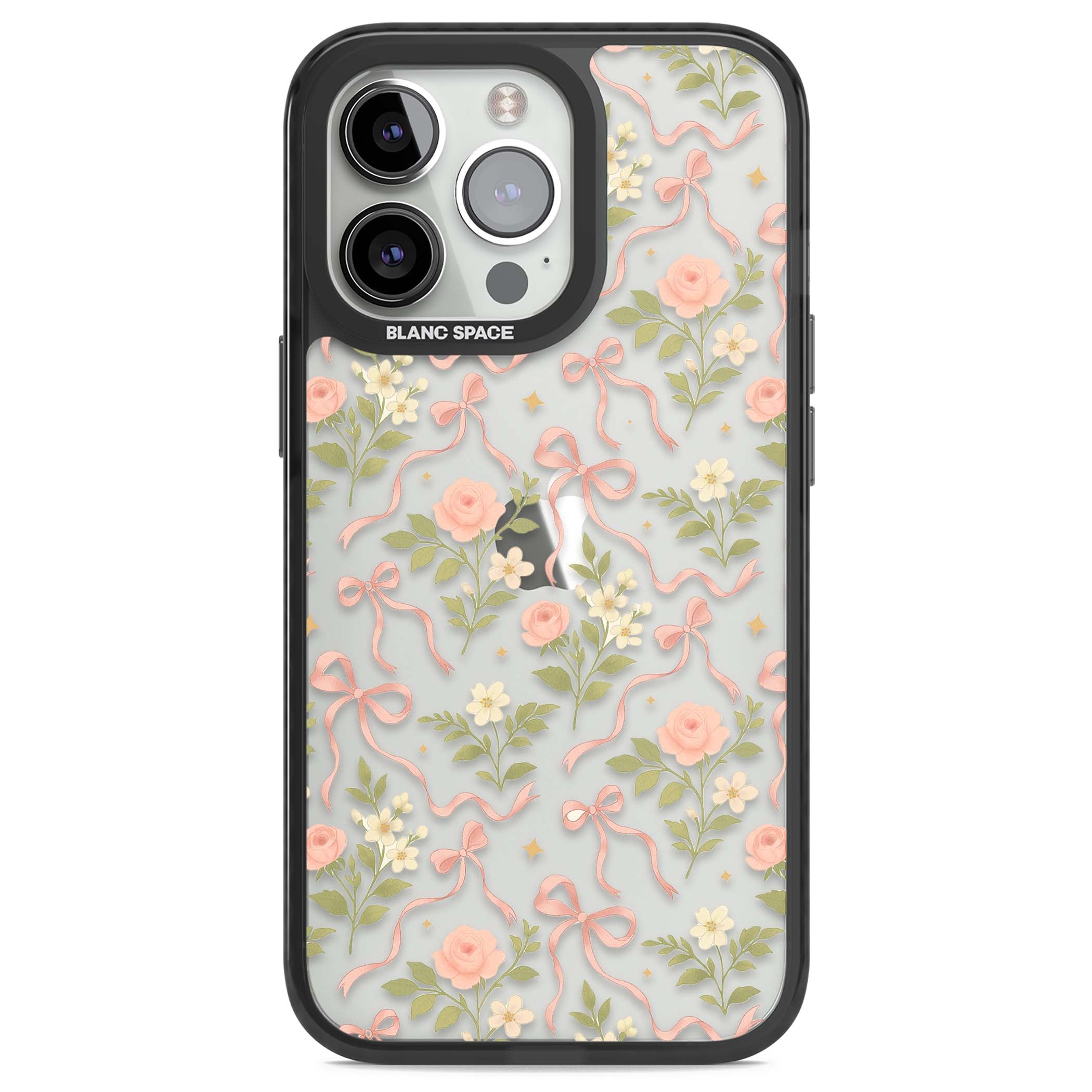 Ribbon Garden coquette iPhone case featuring pink bows, peach roses and wildflowers on white background | Black Impact case for iPhone 13 Pro, iPhone 14 Pro, iPhone 15 Pro