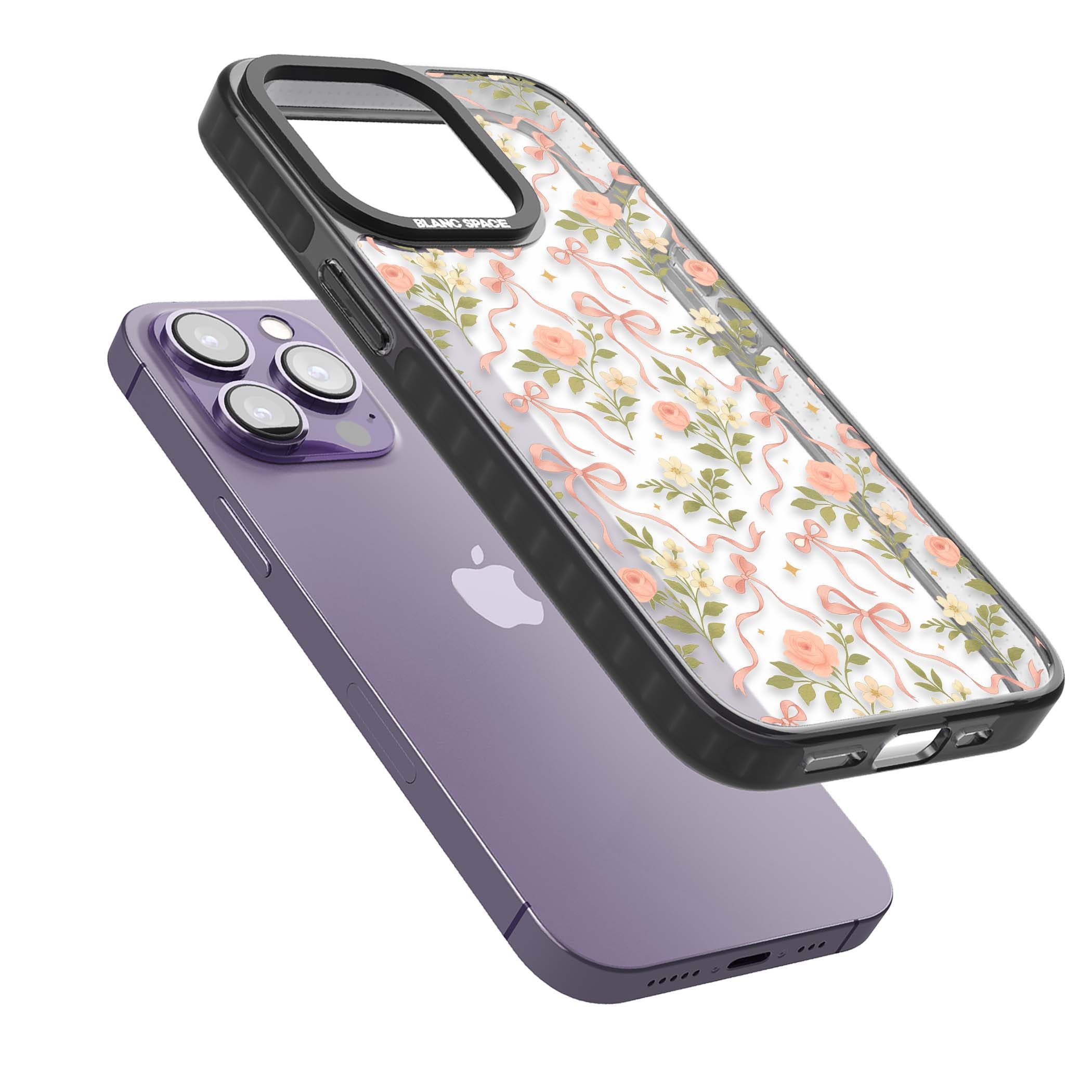 Ribbon Garden coquette iPhone case featuring pink bows, peach roses and wildflowers on white background | Black Impact case for iPhone 13 Pro, iPhone 14 Pro, iPhone 15 Pro