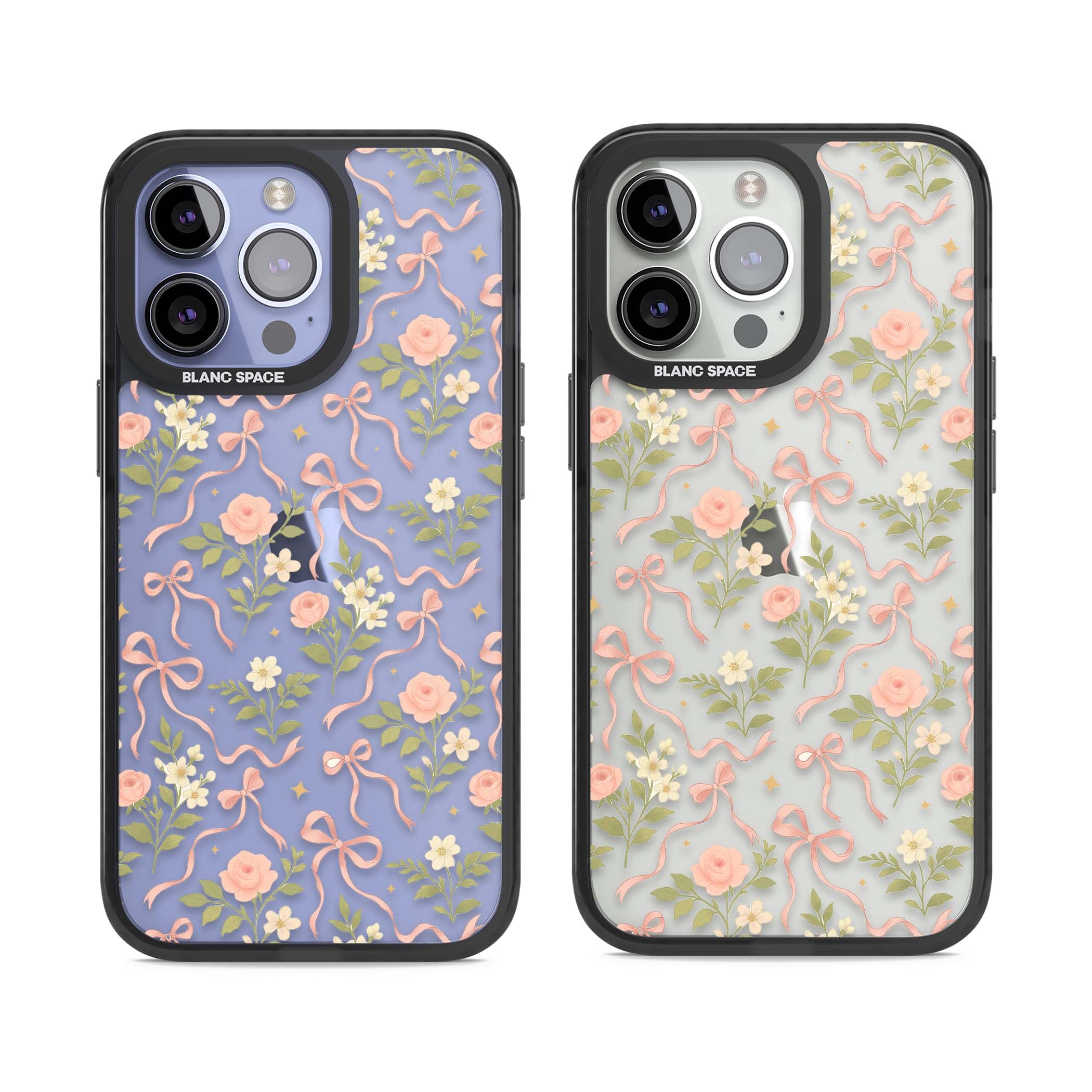 Ribbon Garden coquette iPhone case featuring pink bows, peach roses and wildflowers on white background | Black Impact case for iPhone 13 Pro, iPhone 14 Pro, iPhone 15 Pro