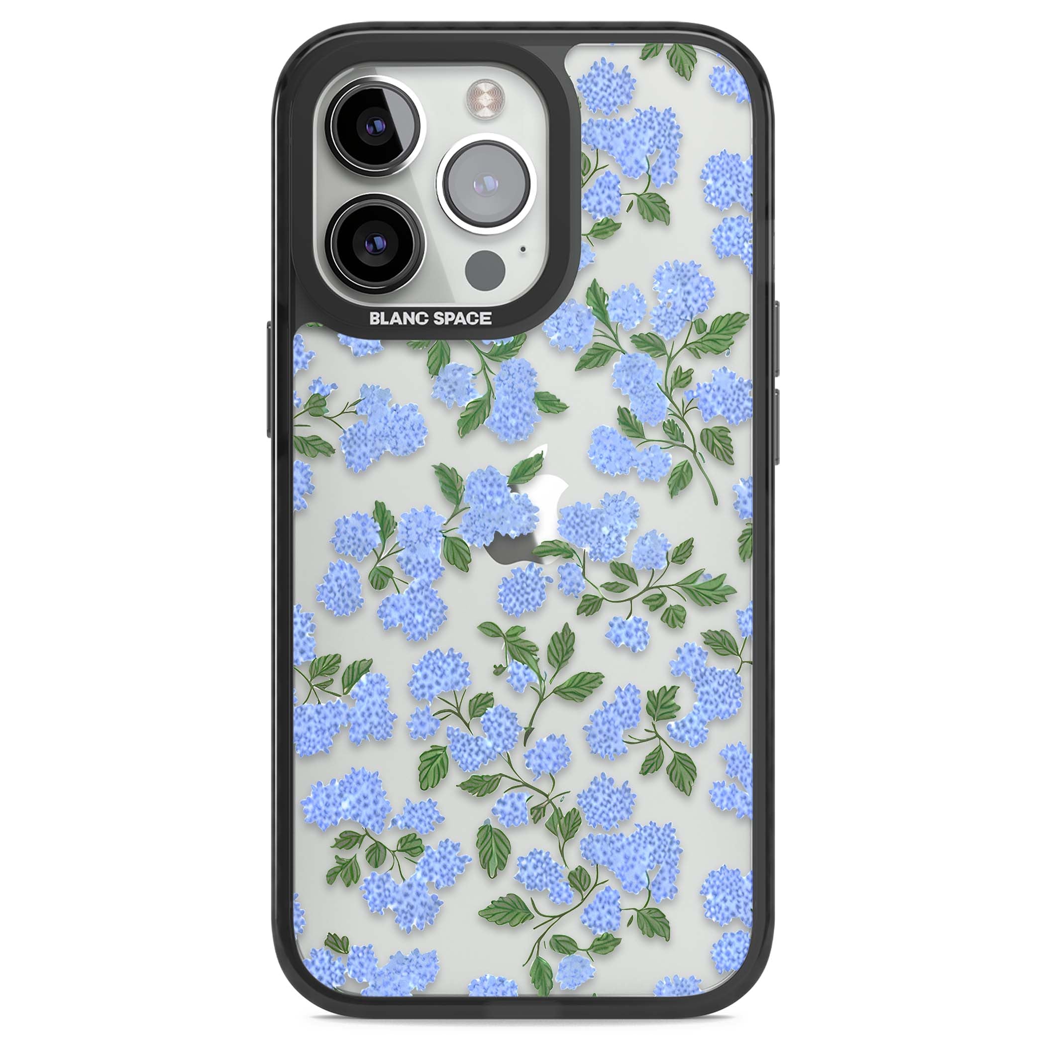 Hydrangea Dreams cottagecore iPhone case featuring soft blue hydrangea flower clusters and green leaves | Black Impact case for iPhone 13 Pro, iPhone 14 Pro, iPhone 15 Pro