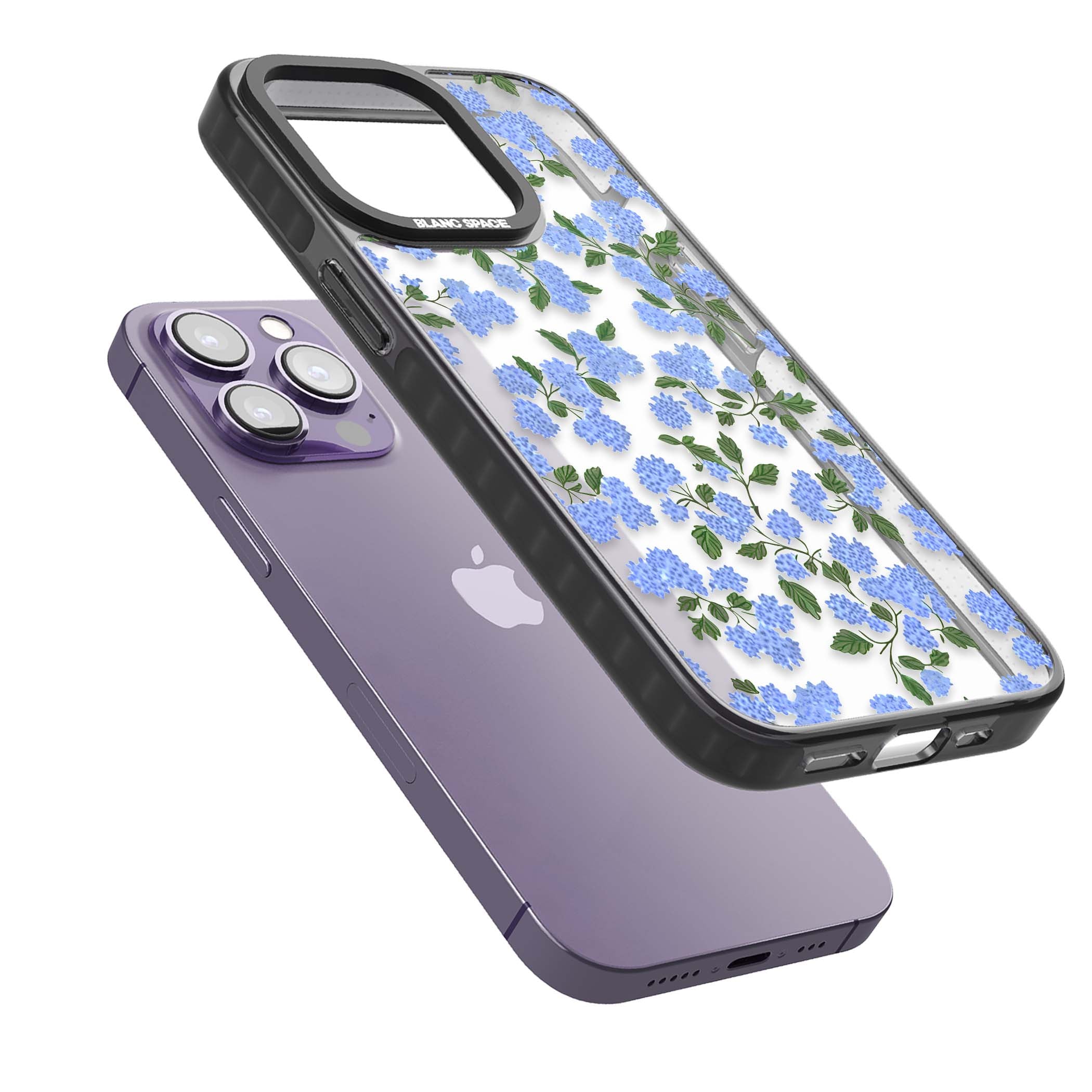 Hydrangea Dreams cottagecore iPhone case featuring soft blue hydrangea flower clusters and green leaves | Black Impact case for iPhone 13 Pro, iPhone 14 Pro, iPhone 15 Pro