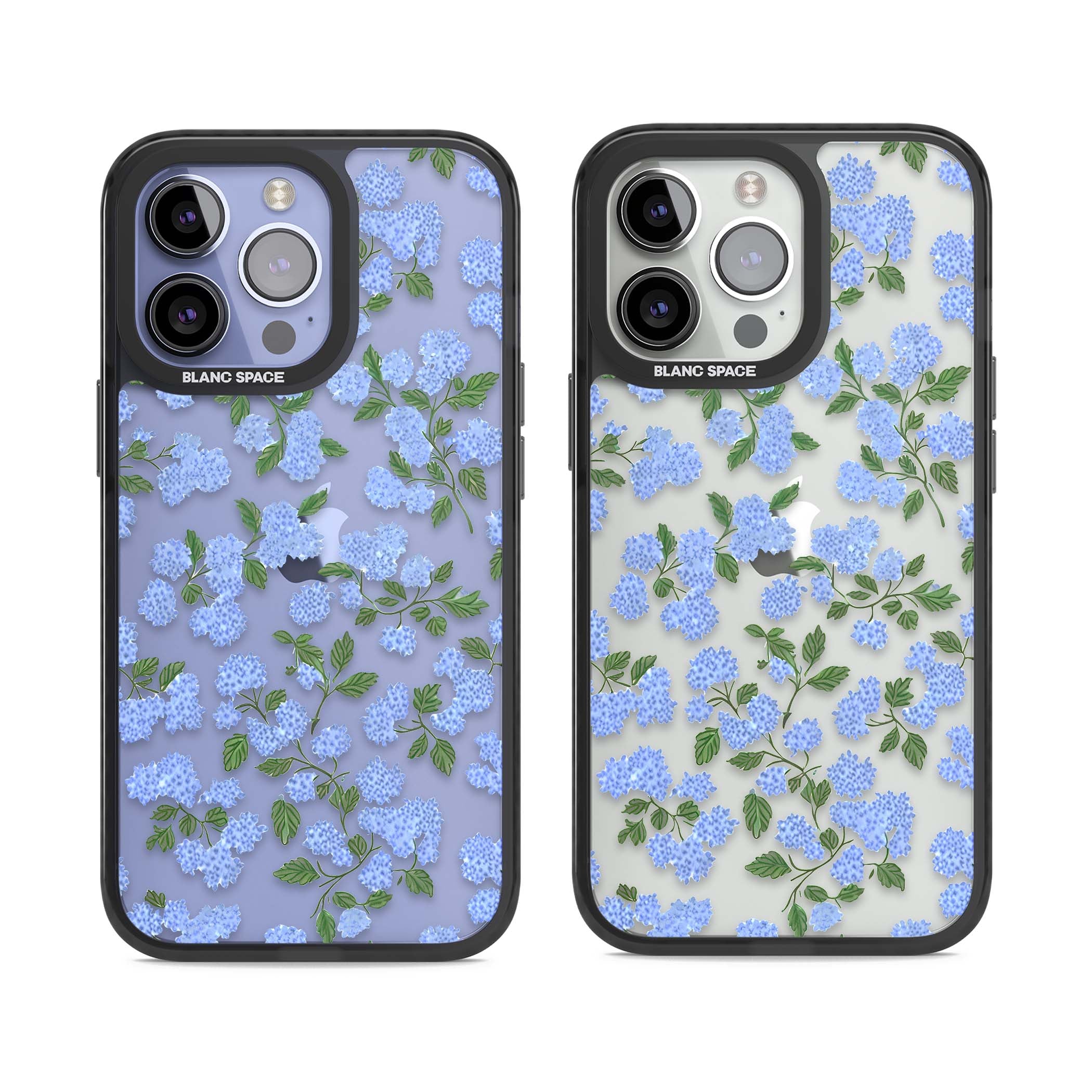 Hydrangea Dreams cottagecore iPhone case featuring soft blue hydrangea flower clusters and green leaves | Black Impact case for iPhone 13 Pro, iPhone 14 Pro, iPhone 15 Pro