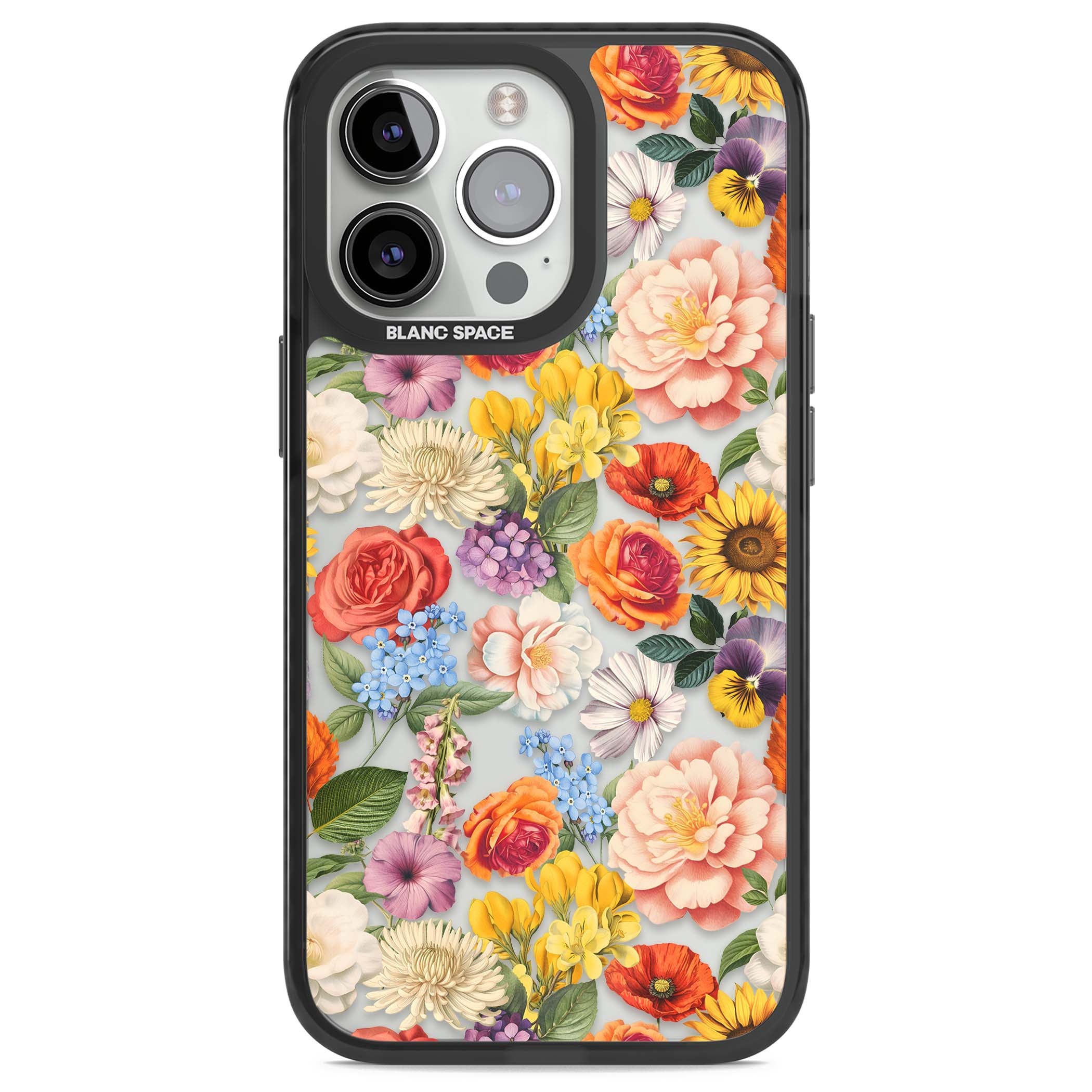 Bloom Basket floral iPhone case featuring cottage garden flowers including peonies, sunflowers, and wildflowers in pastel col | Black Impact case for iPhone 13 Pro, iPhone 14 Pro, iPhone 15 Pro