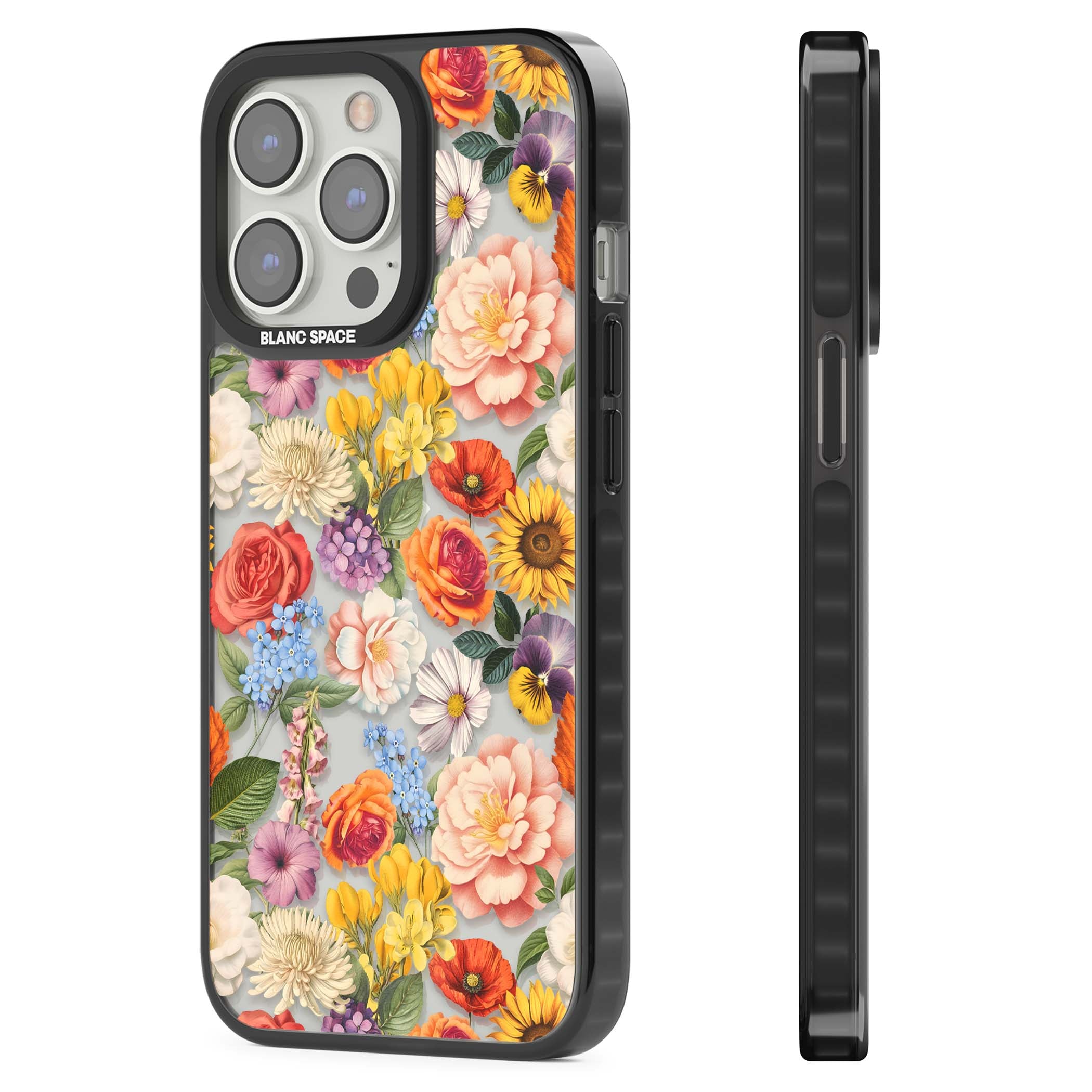 Bloom Basket floral iPhone case featuring cottage garden flowers including peonies, sunflowers, and wildflowers in pastel col | Black Impact case for iPhone 13 Pro, iPhone 14 Pro, iPhone 15 Pro