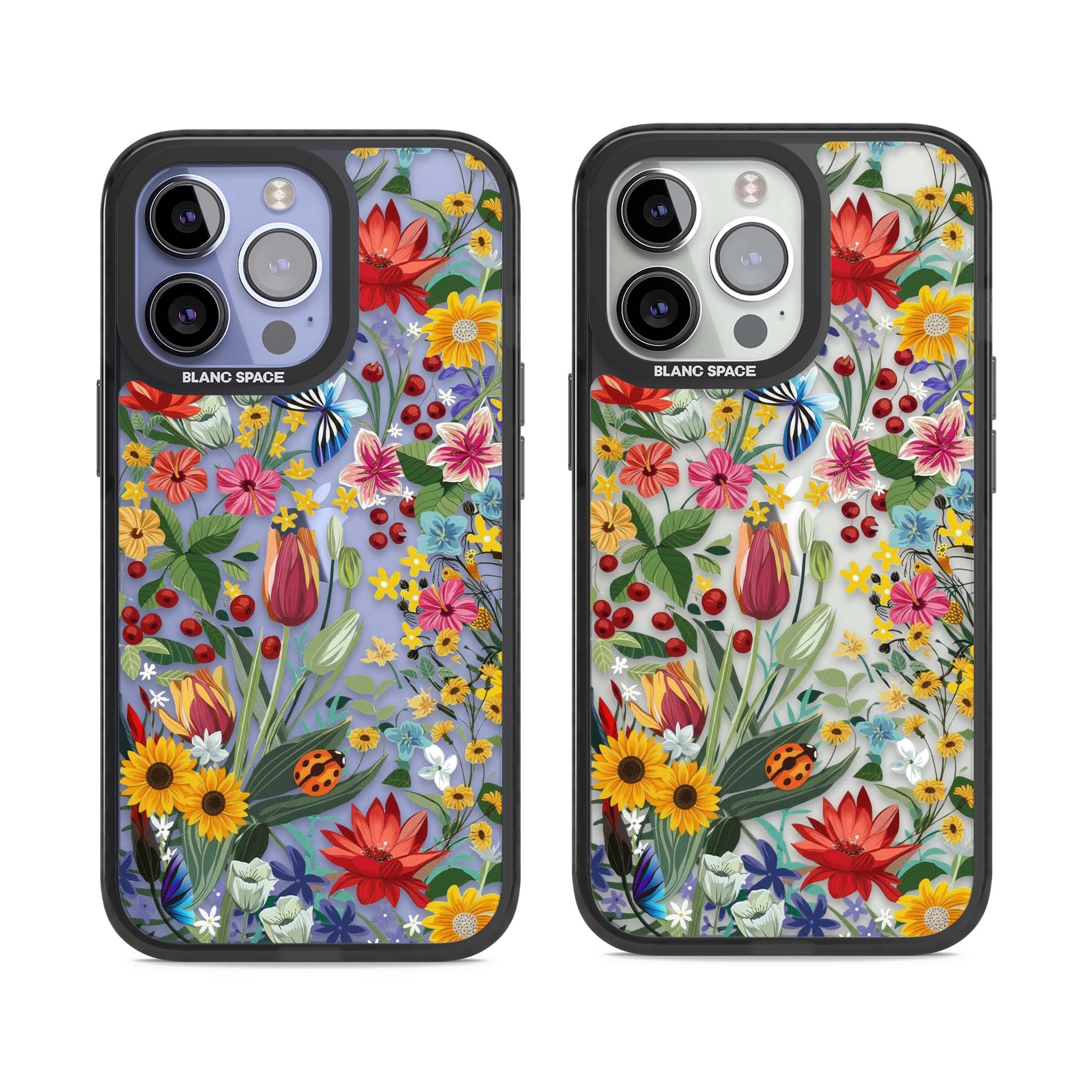 Botanical Bloom cottagecore iPhone case featuring colorful wildflowers, sunflowers, and ladybugs on clear background | Black Impact case for iPhone 13 Pro, iPhone 14 Pro, iPhone 15 Pro