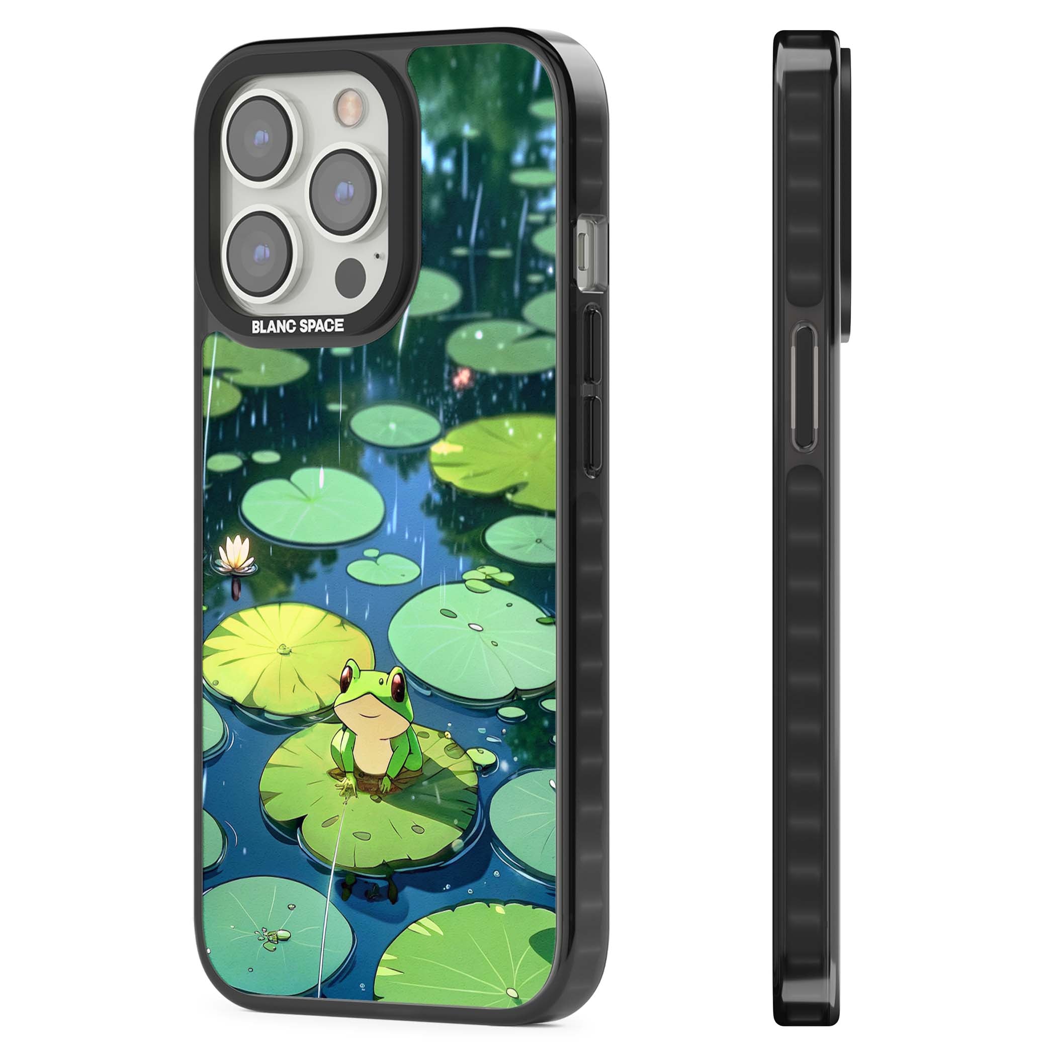 Frog In Lily Pond cottagecore iPhone case featuring a cute green frog on a lily pad with falling rain and a lotus flower | Black Impact case for iPhone 13 Pro, iPhone 14 Pro, iPhone 15 Pro