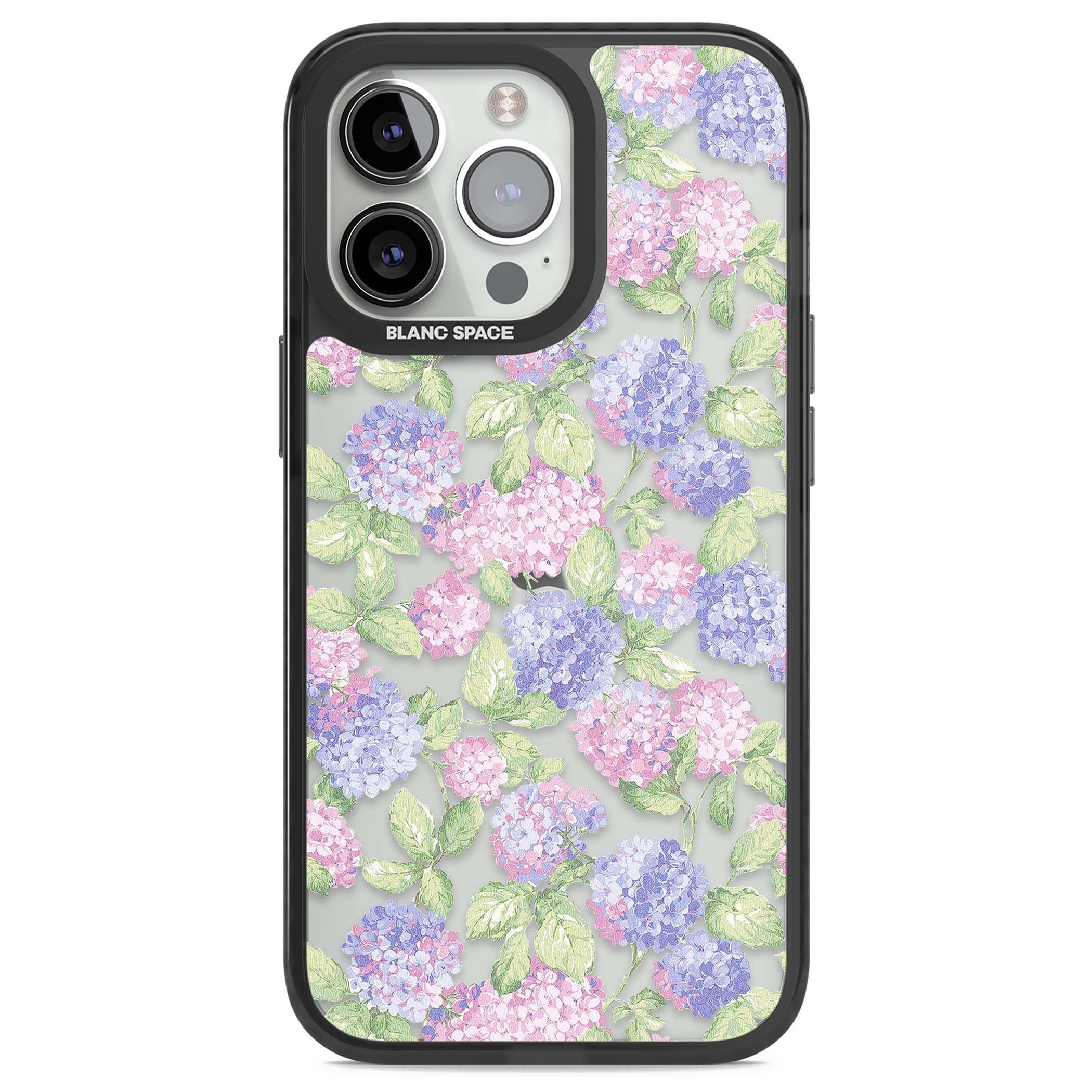Cottage Hydrangea cottagecore iPhone case featuring pink and purple hydrangea blooms with green leaves on a clear background | Black Impact case for iPhone 13 Pro, iPhone 14 Pro, iPhone 15 Pro